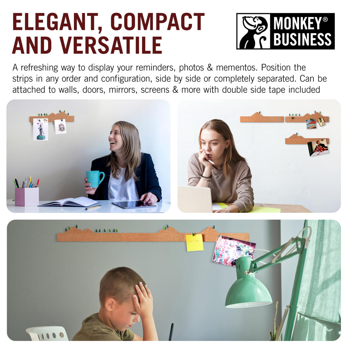 Monkey Business Memo Mountain 3 Cork Board Strips - Corkboard Pin Boards with Mountain Scene