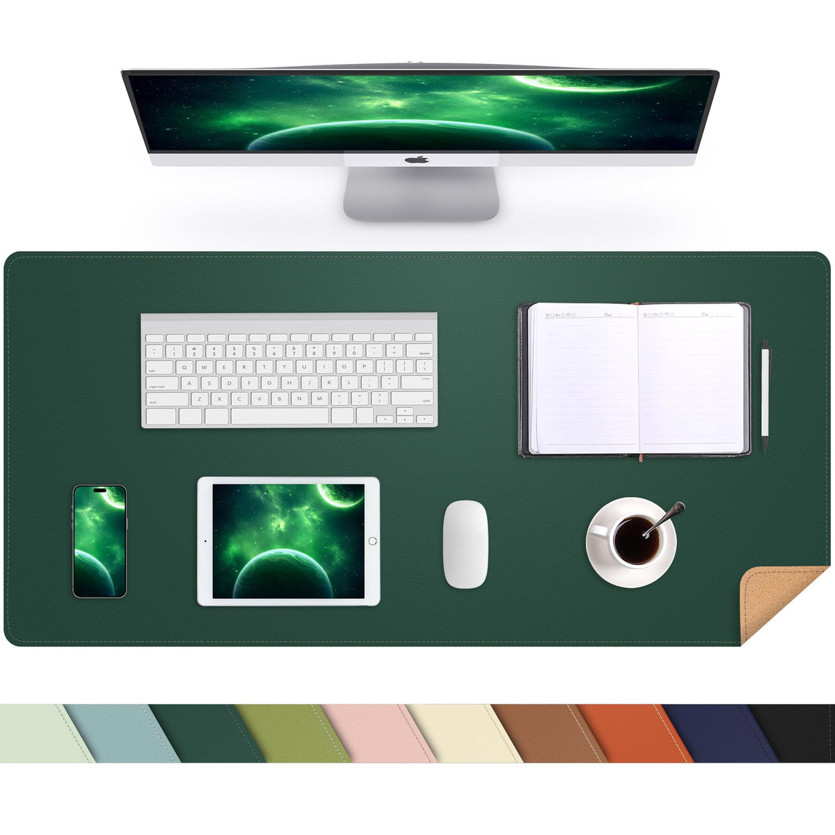 AFIING Cork Desk Mat, Dark Green, 35.4" x 17",Desk pad Protector
