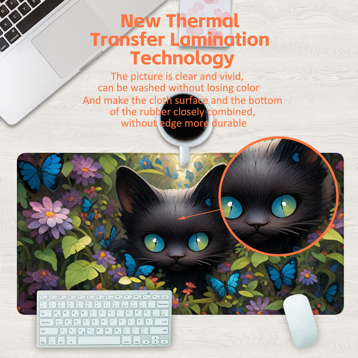KOAIWPAE Desk Pad, Cute Black Cat Desk Mat, Cat Among Butterfly Flowers Large Gaming Mouse Pad for
