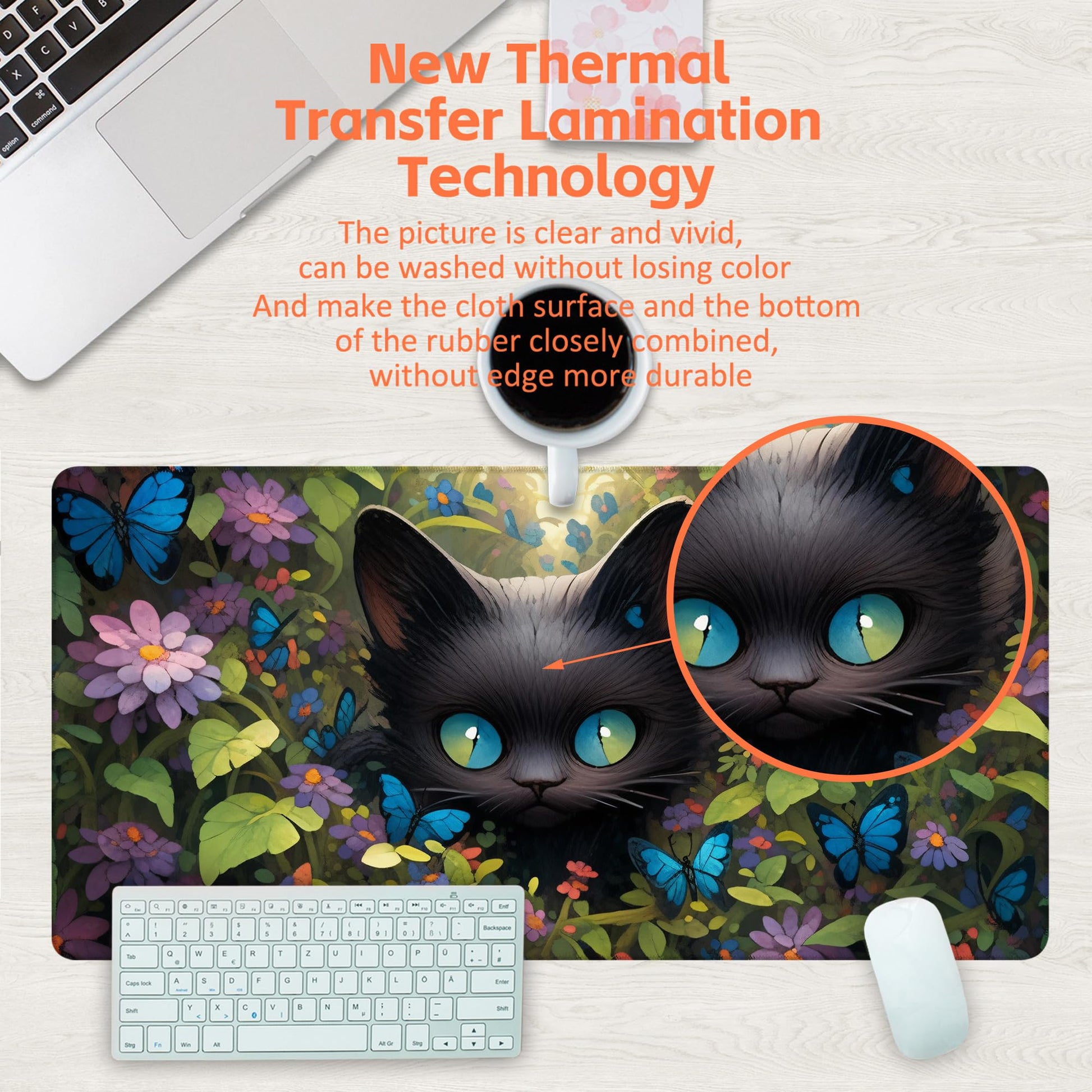 KOAIWPAE Desk Pad, Cute Black Cat Desk Mat, Cat Among Butterfly Flowers Large Gaming Mouse Pad for