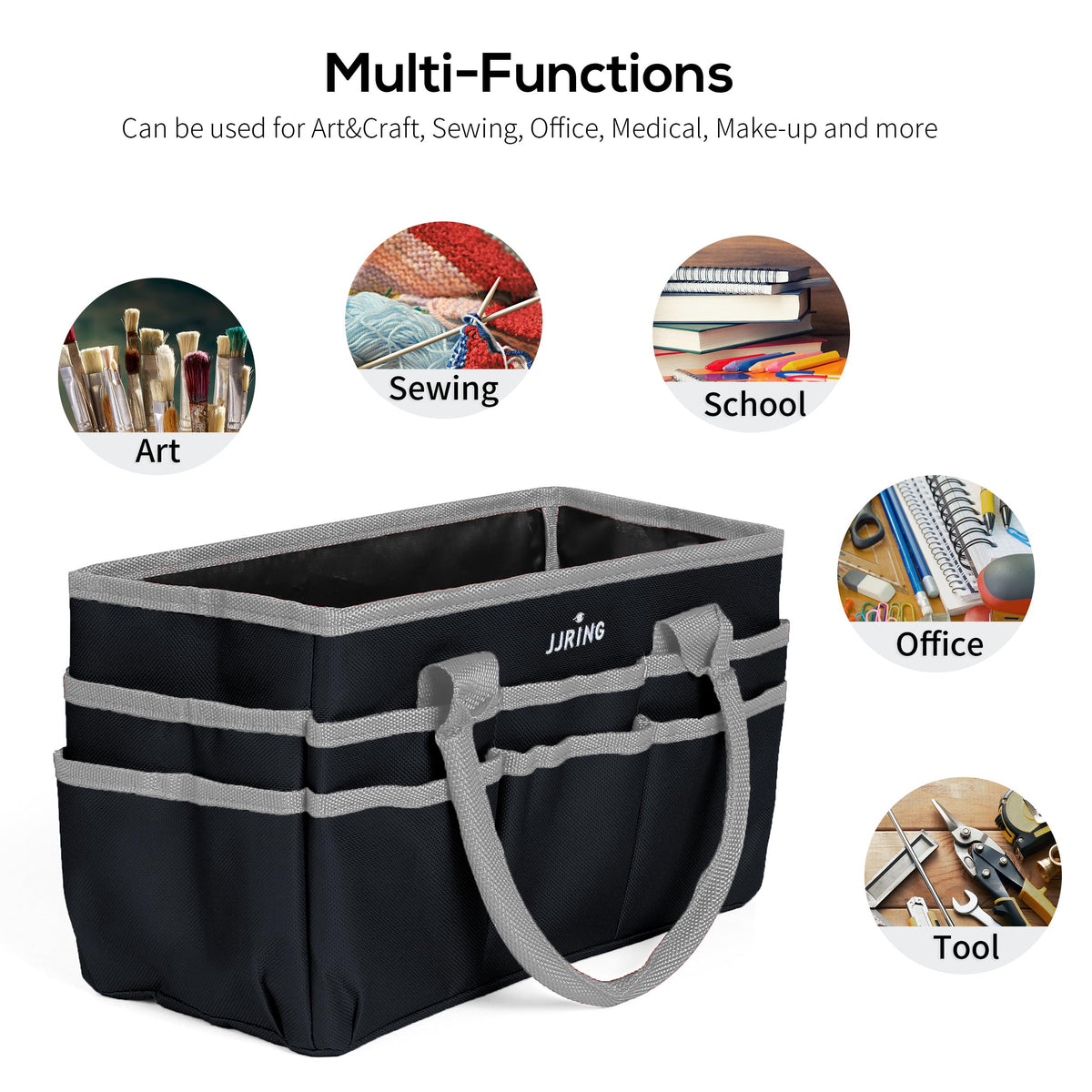 JJRING 600D Nylon Craft & Art Organizer Tote Bag With Pockets, Silver