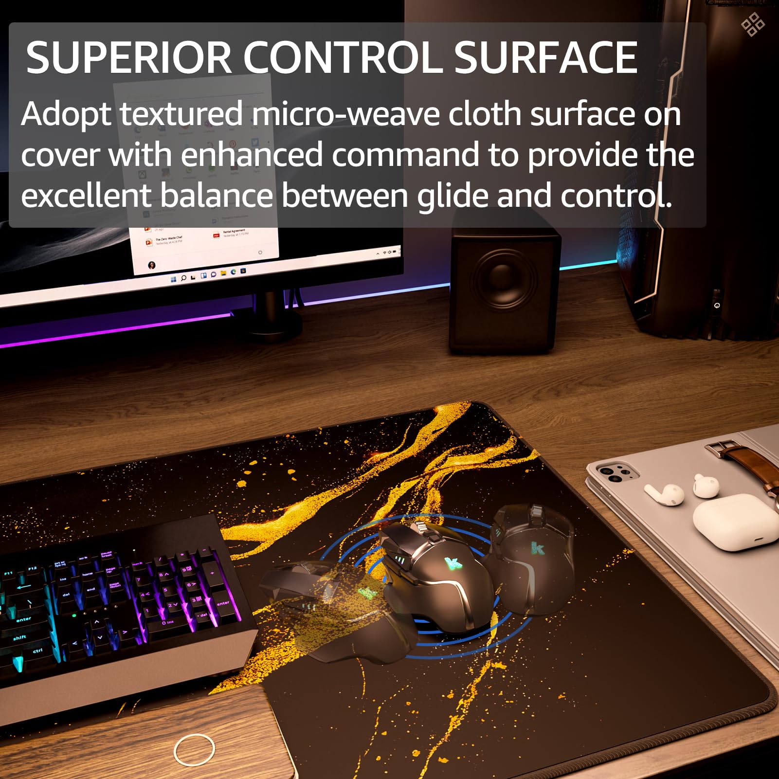 KTRIO Large Gaming Mouse Pad, Desk Mat, 31.5 x 15.7 in Black Gold, XXL