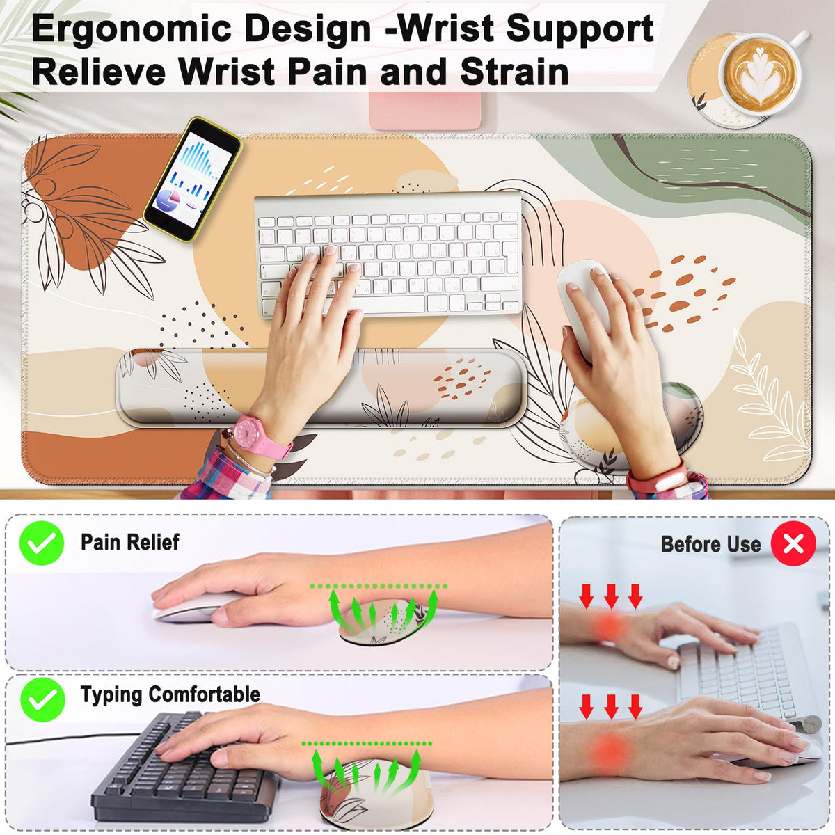 4 in 1 Mouse Pad and Keyboard Wrist Rest,Large Desk Mat,Coaster Set-Leaves