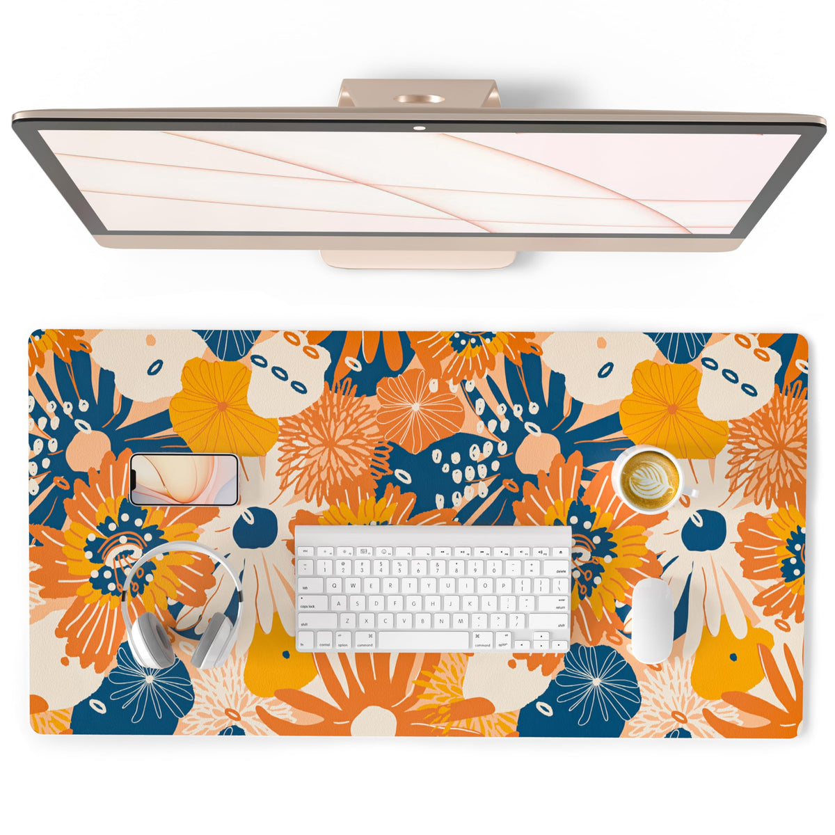 QiyI PU Leather Large Mouse Pad, Office Decor, 31.5" x 15.7", Orange Flower