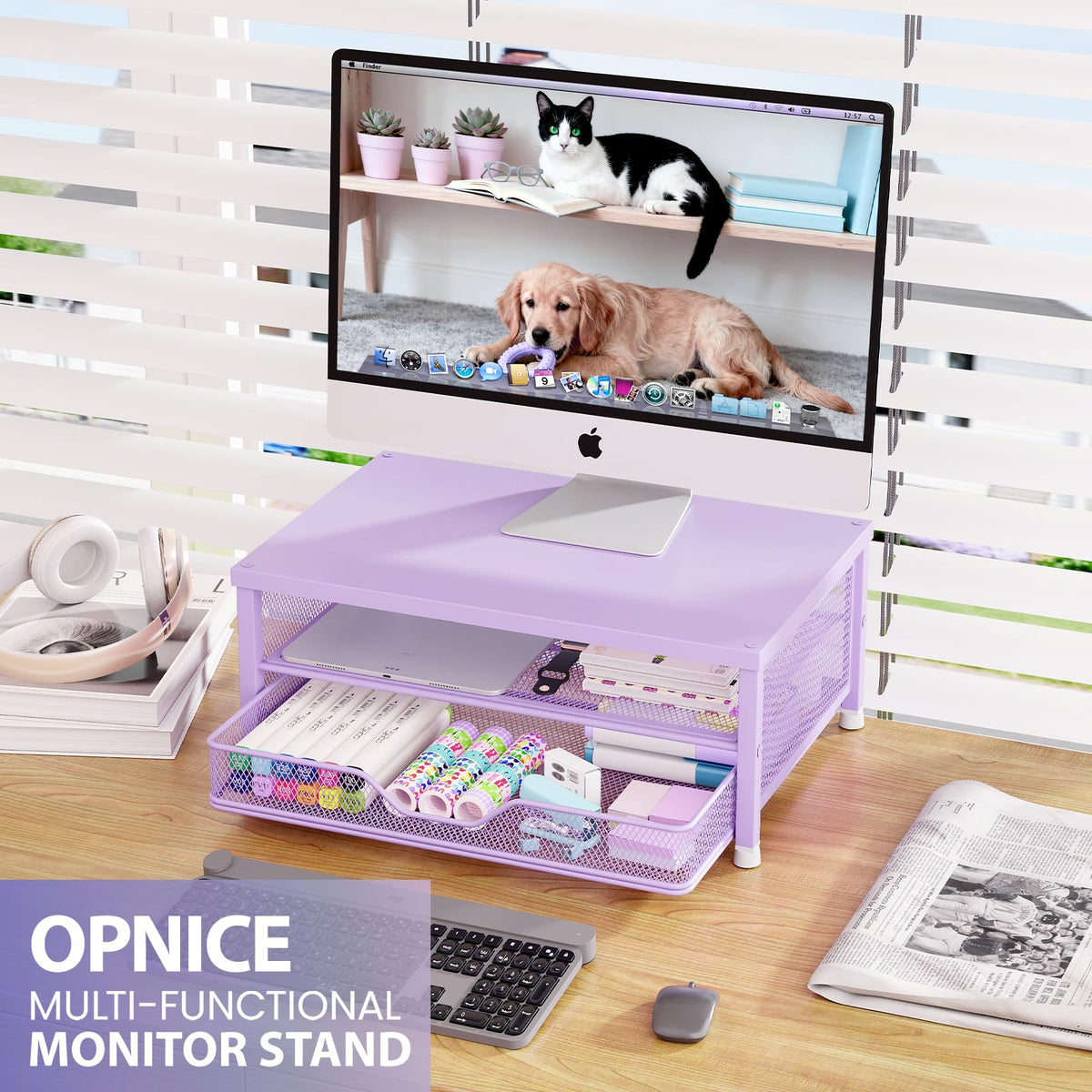 OPNICE Computer Monitor Stand Riser, Desk Organizer with Drawer, Printer & Laptop Stand, Office