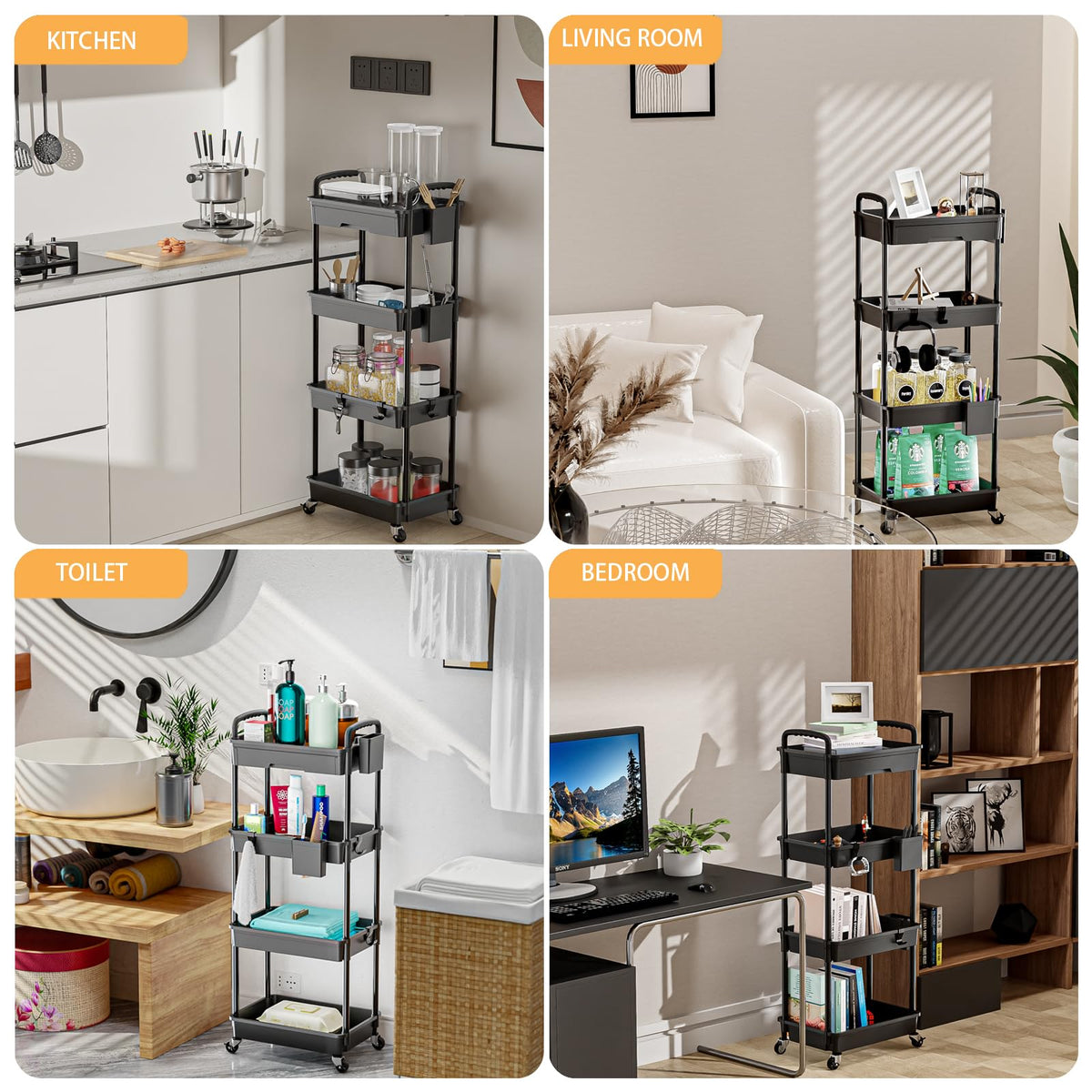 4 Tier Rolling Utility Cart with Drawer,REBECAT Utility Cart Made of Multifunctional Storage
