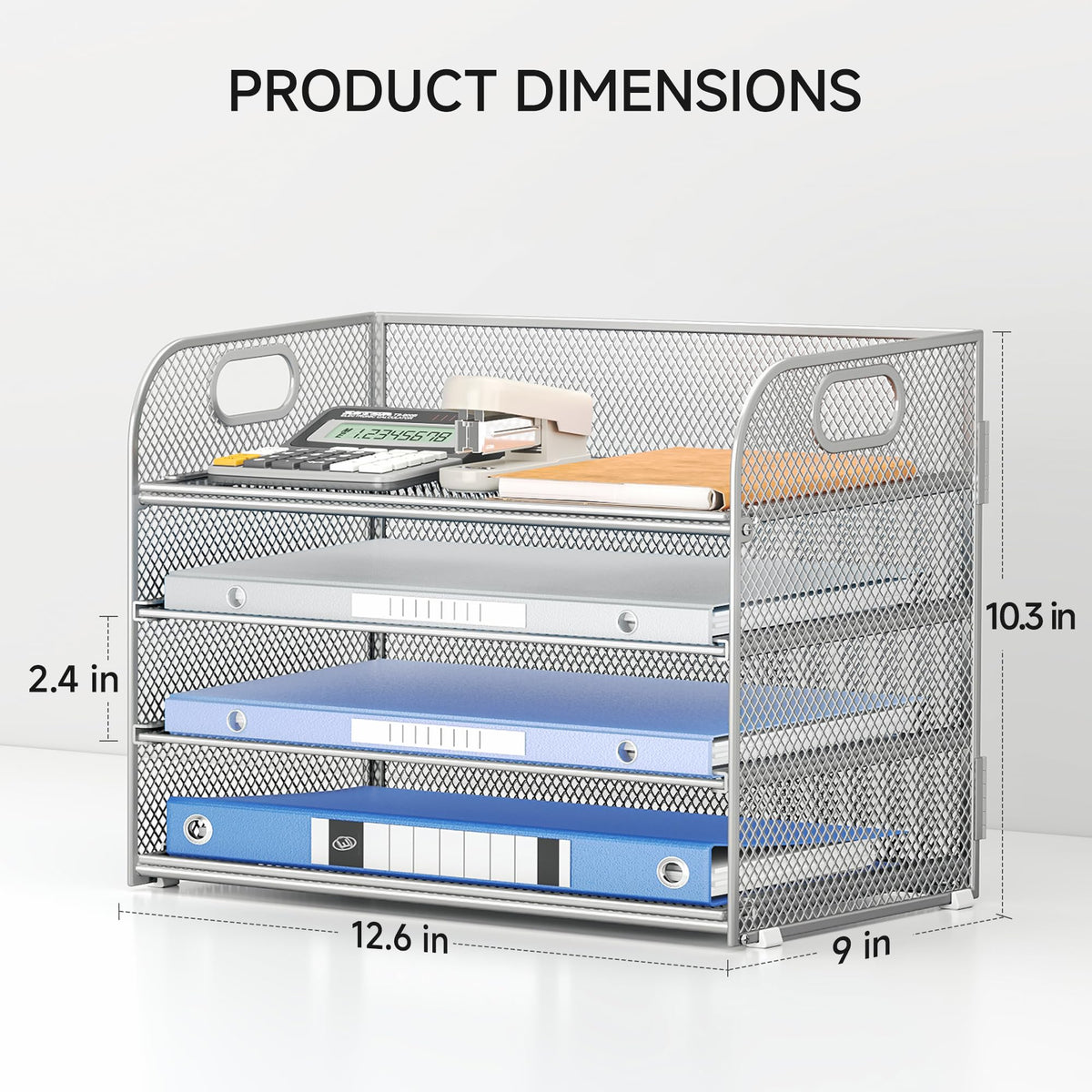 Lavatino 4-Tier Paper Organizer Trays - Silver Mesh File Folder Sorter with Handles, Desk Letter