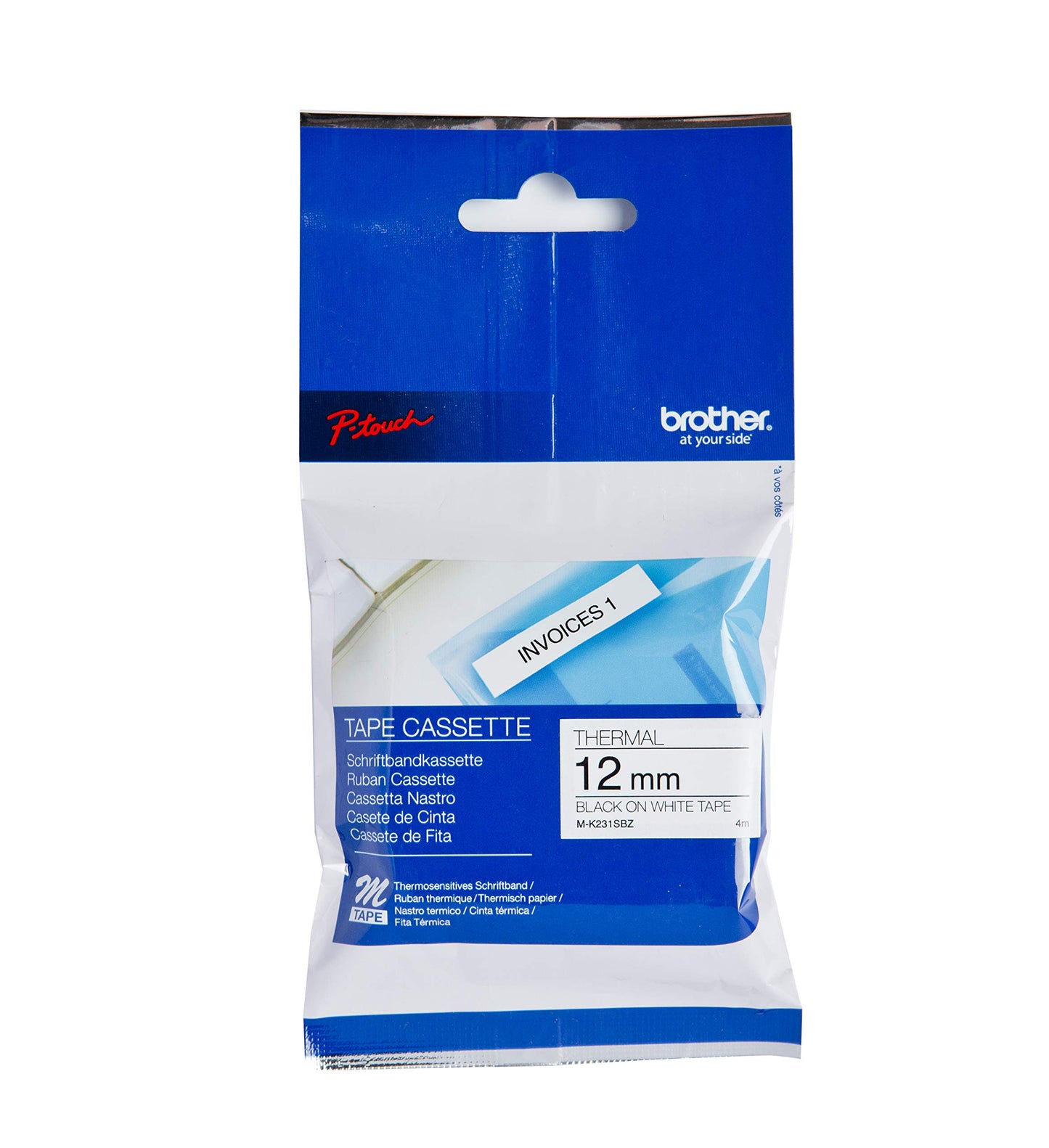 Brother M-K231SBZ Labelling Tape Cassette, Black on White, 12 mm (W) x 4 m (L), Brother Genuine