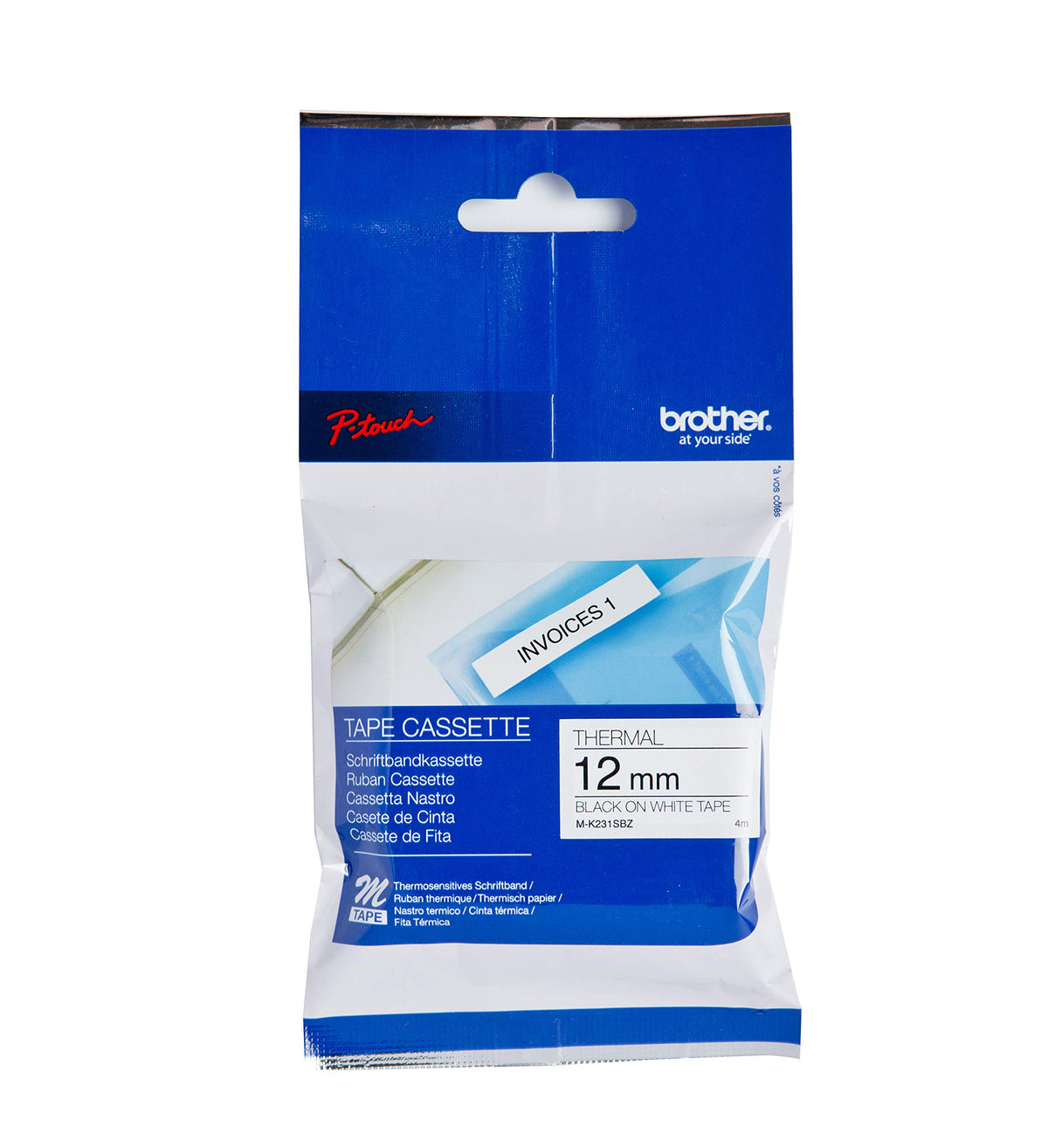 Brother M-K231SBZ Labelling Tape Cassette, Black on White, 12 mm (W) x 4 m (L), Brother Genuine