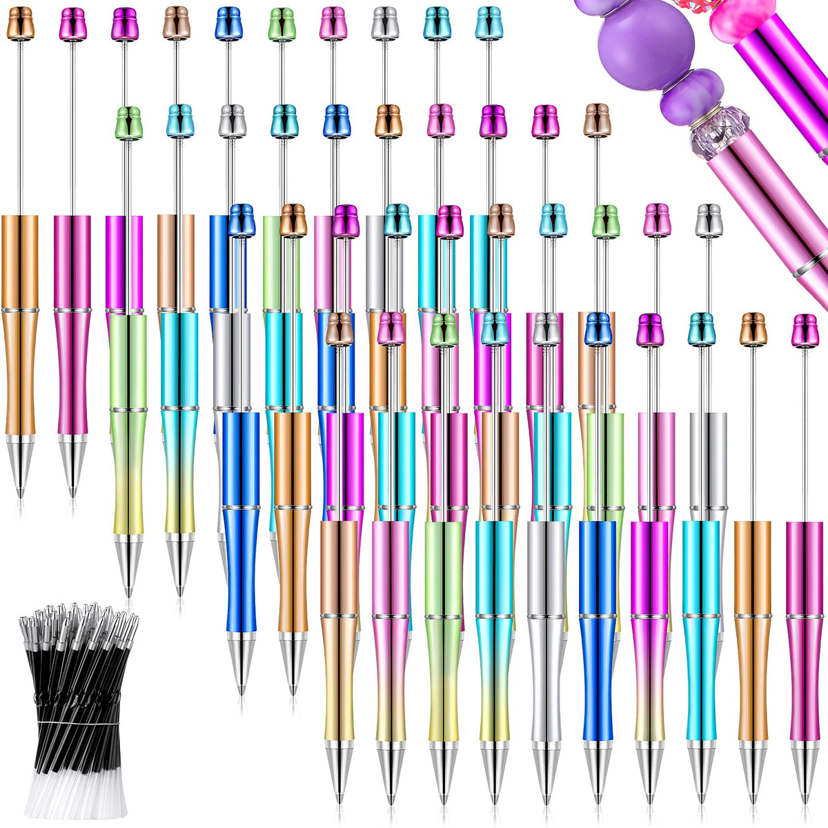 Crtiin 100 Pcs Beadable Pen School DIY Kit,Electroplated Gradient Color