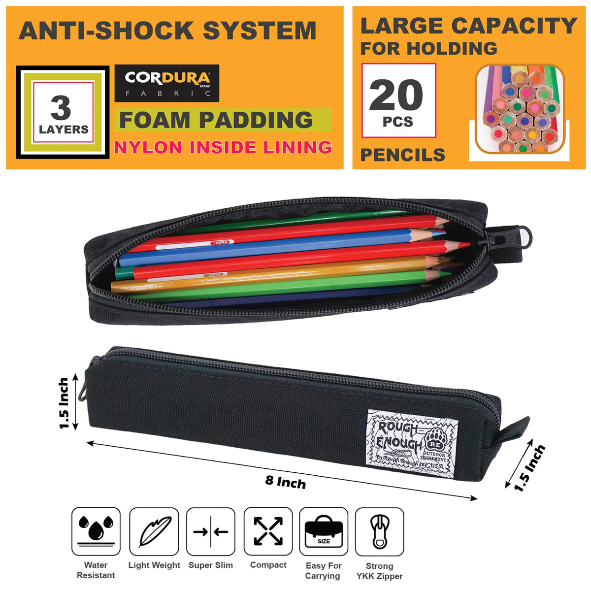 Rough Enough Small Pencil Case, Aesthetic Slim Pen Pouch for Campus, Black