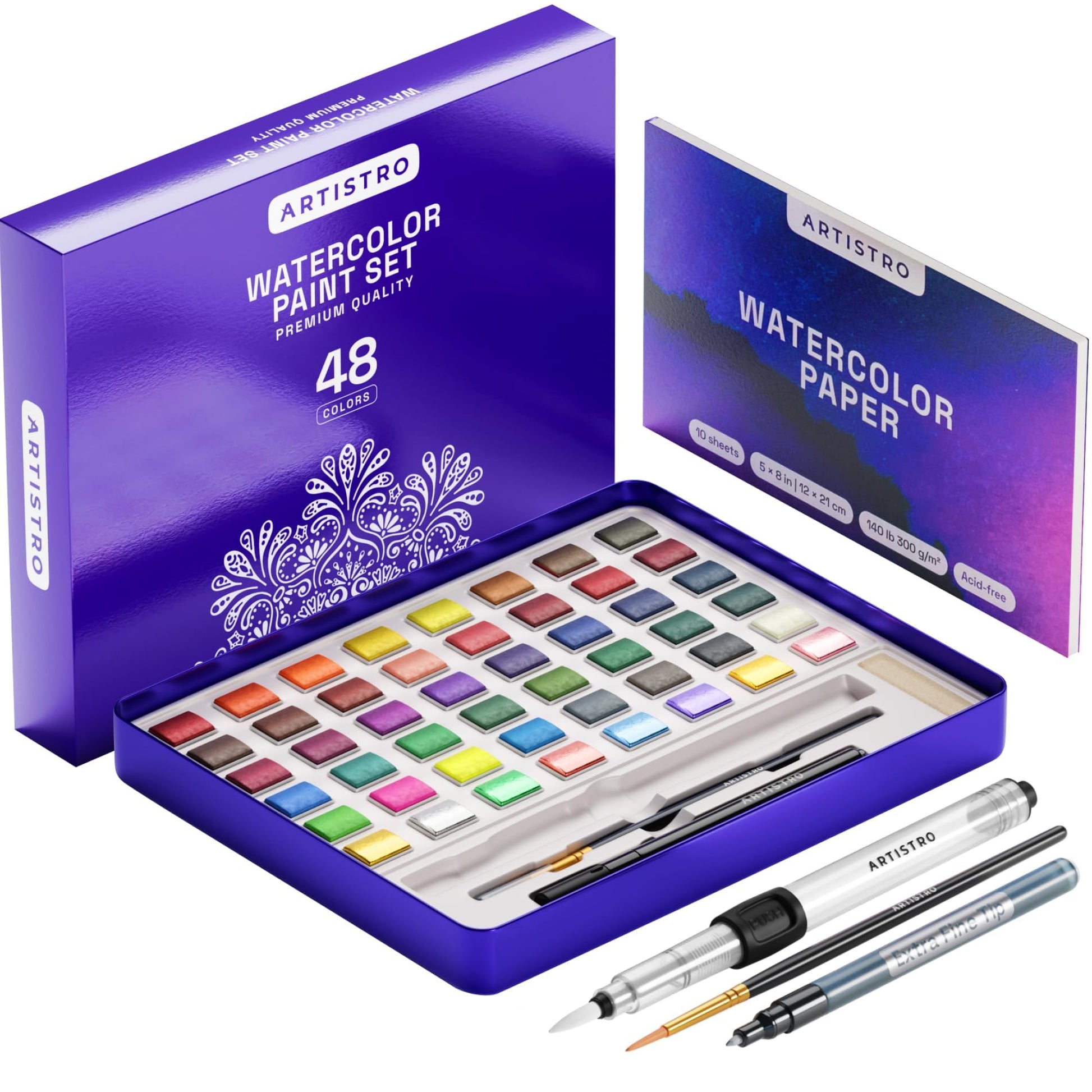 ARTISTRO Watercolor Paint Set with Palette & Brush Pens - 48 Colors