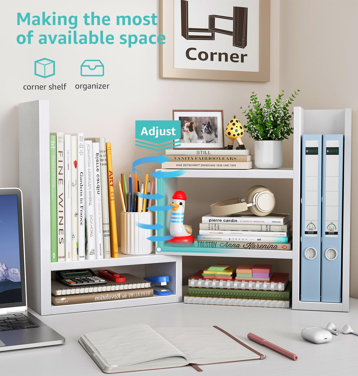 Desktop File Organizer Desk Organizer Shelf - White Office Organization Shelves for Top of Desk