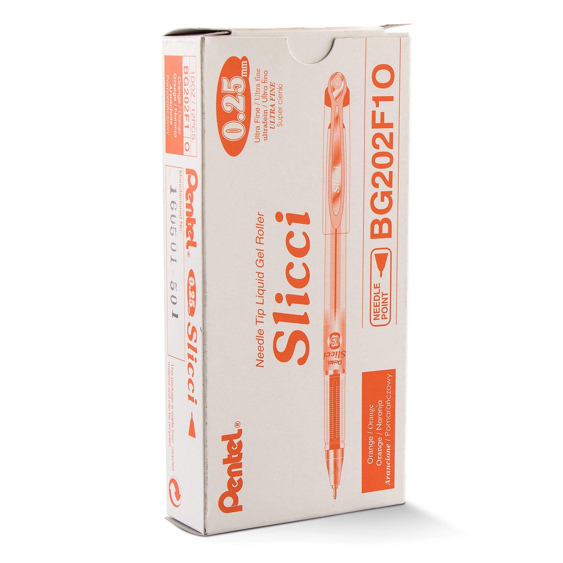 Pentel Arts Slicci 0.25 mm Extra Fine Gel Pen, Orange Ink, Box of 12 (BG202-F1)