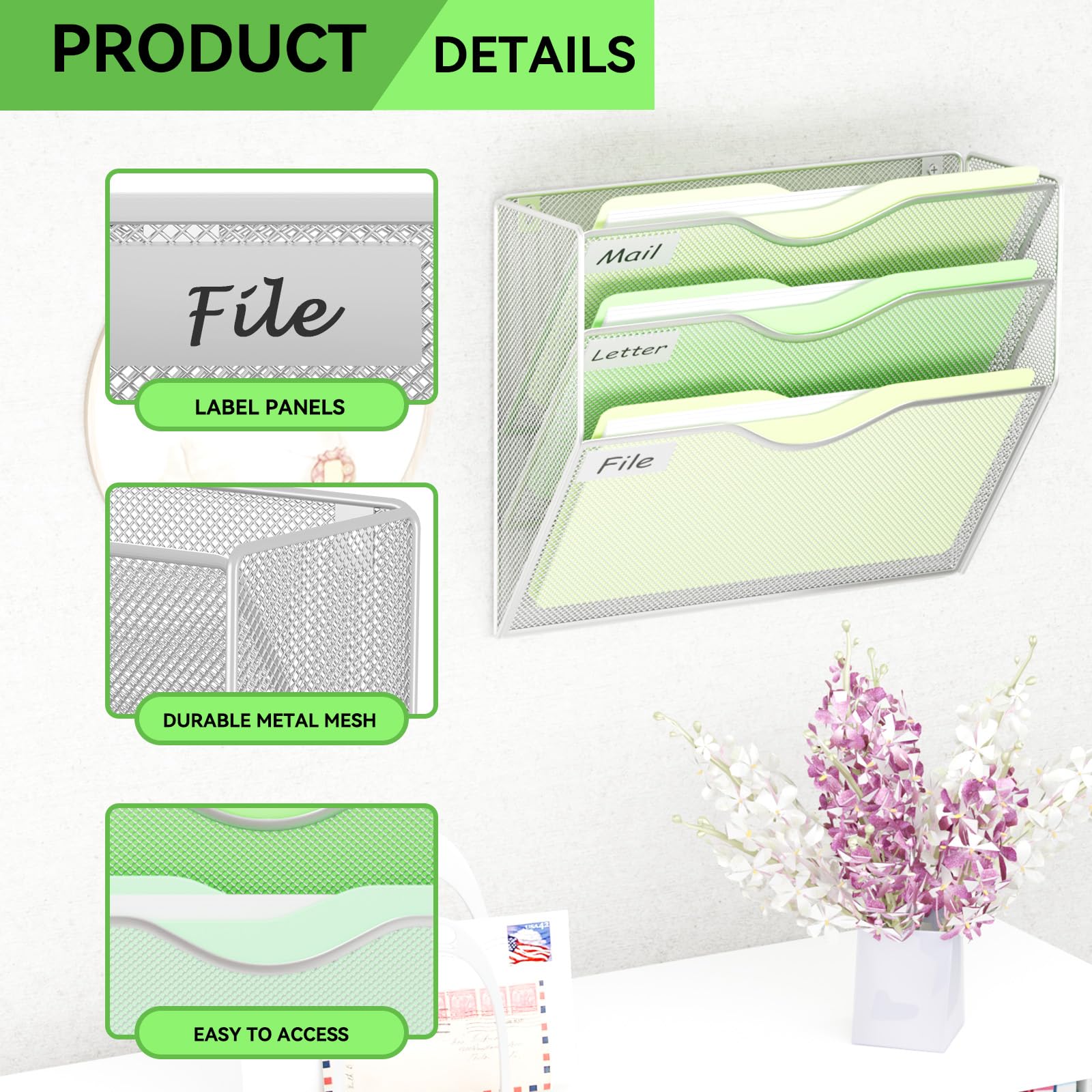 GDINDINFAN 3 Pockets Hanging Wall File Organizer Mail Holder, Wall Mounted Paper Document Folder