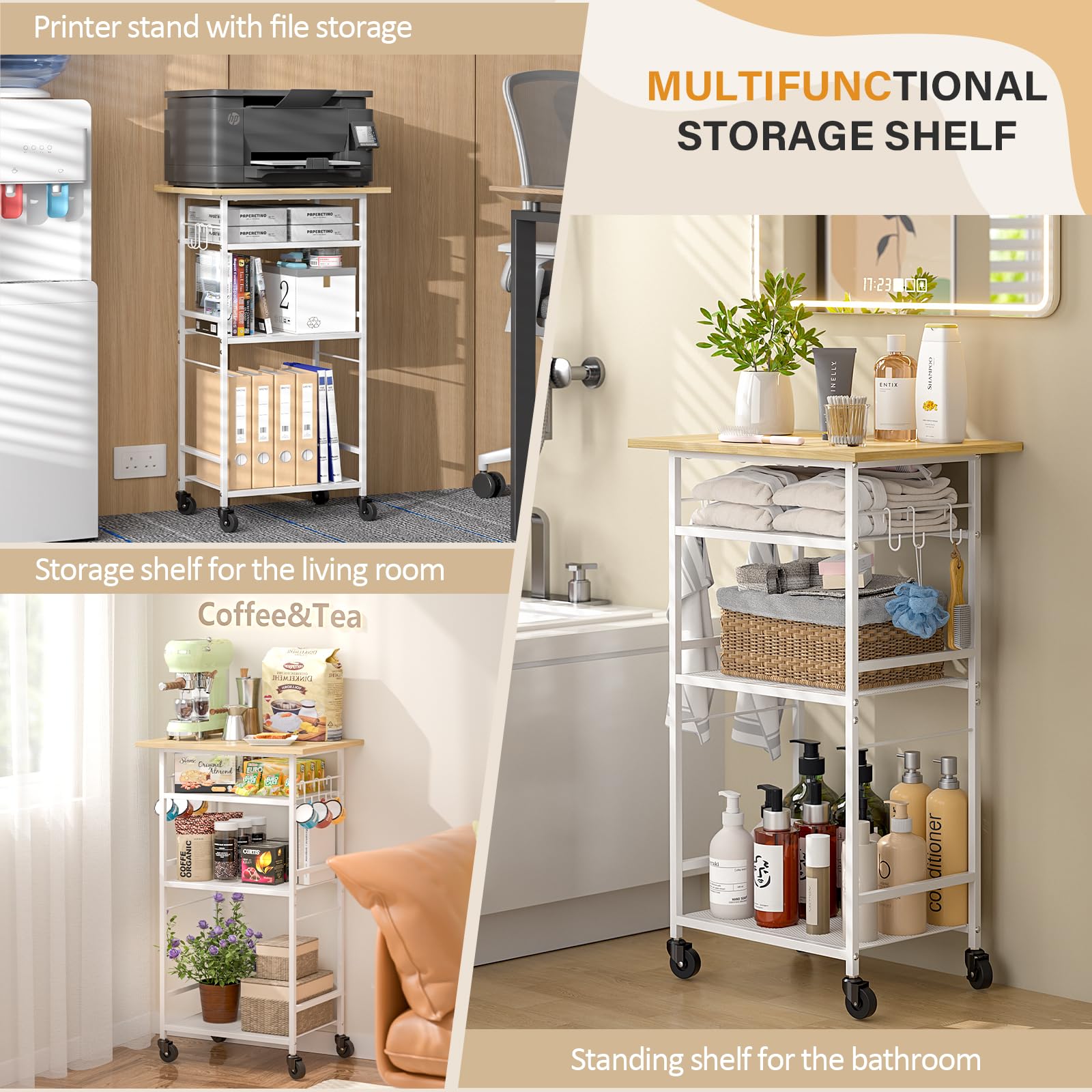 ThreeHio Rolling Kitchen Microwave Cart, 4 Tier Microwave Table Stand with Storage, Kitchen Storage