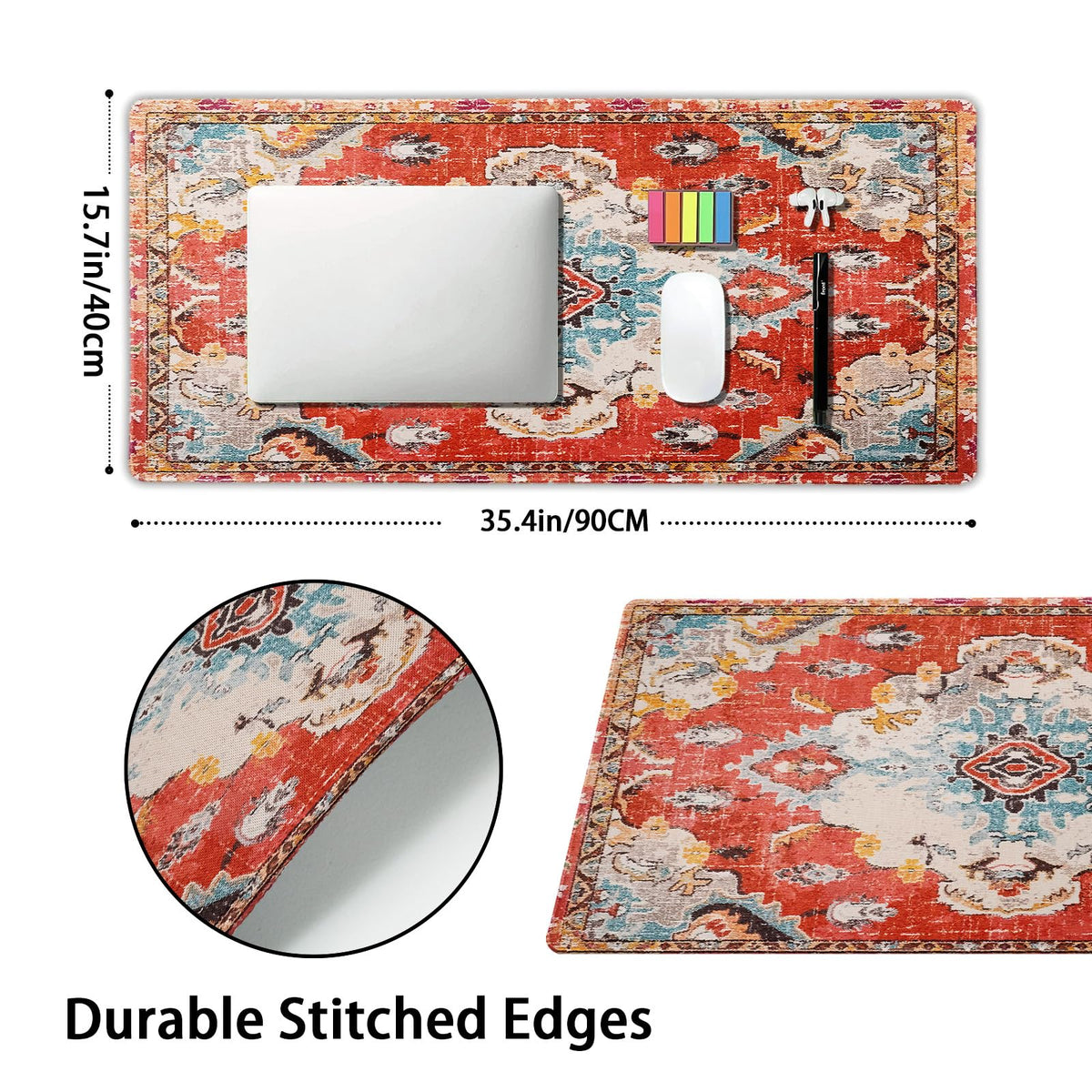Vintage Rug Mouse Pad XXL Red Orange Retro Carpet Aesthetic Extended Table Mat 90X40 cm Non-Slip