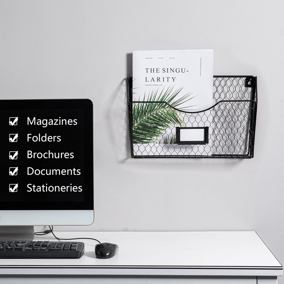NA Mesh Magazine Rack 3 Pockets Wall Mount Hanging File Holder Organizer with Tag Slot, Metal