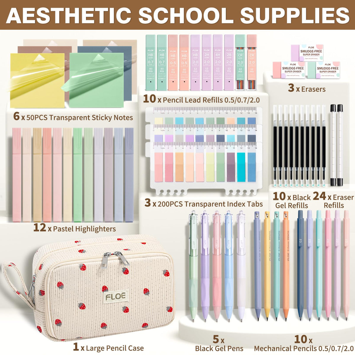 62PCS Aesthetic School Supplies Cute Back to School Supplies Stationary Set