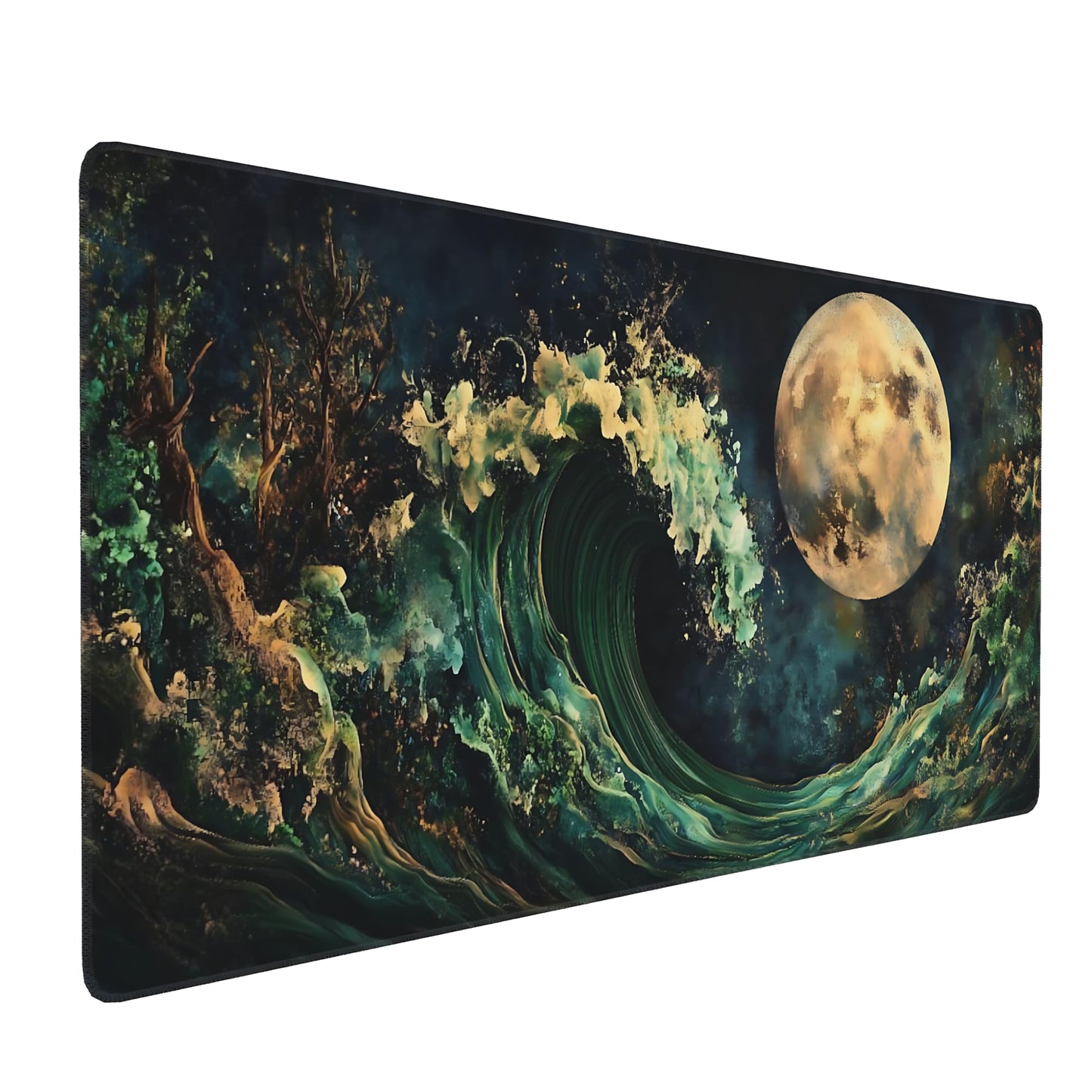 Aesthetic Kanagawa Great Wave Gaming Mouse Pad, Deep Forest Green Japanese Desk Mat with Anti-Slip