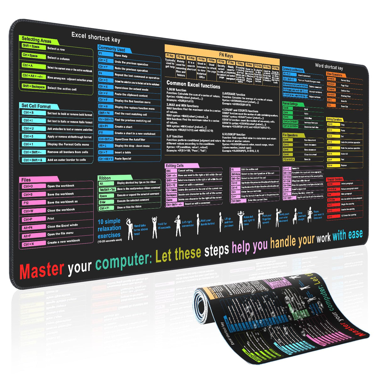 Excel Cheat Sheet Desk pad—Contains 12 Types of Common Skills in Excel and Word|Large XL Size（35.45
