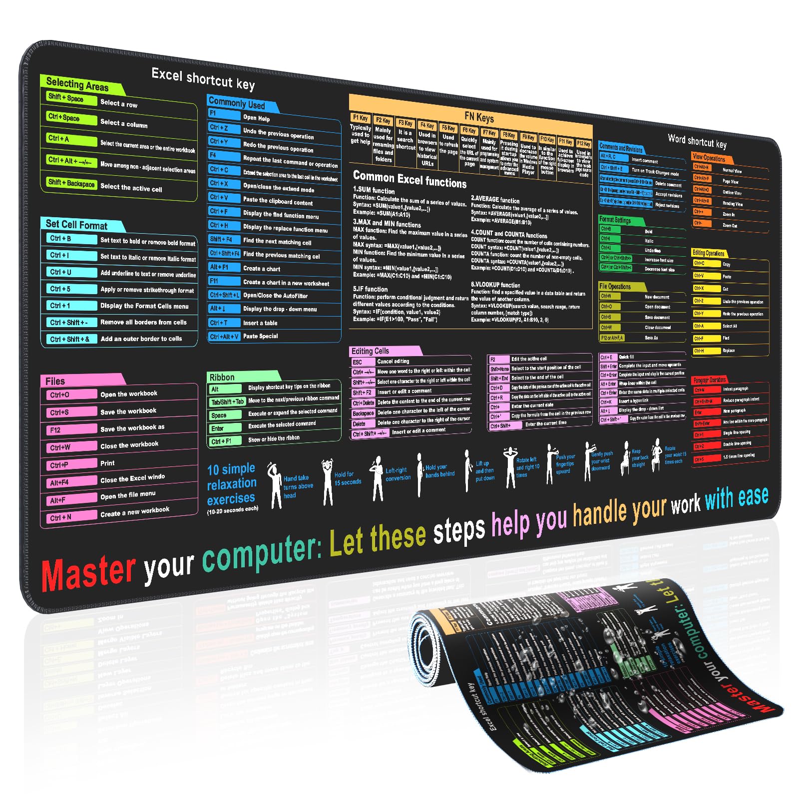 Excel Cheat Sheet Desk pad—Contains 12 Types of Common Skills in Excel and Word|Large XL Size（35.45