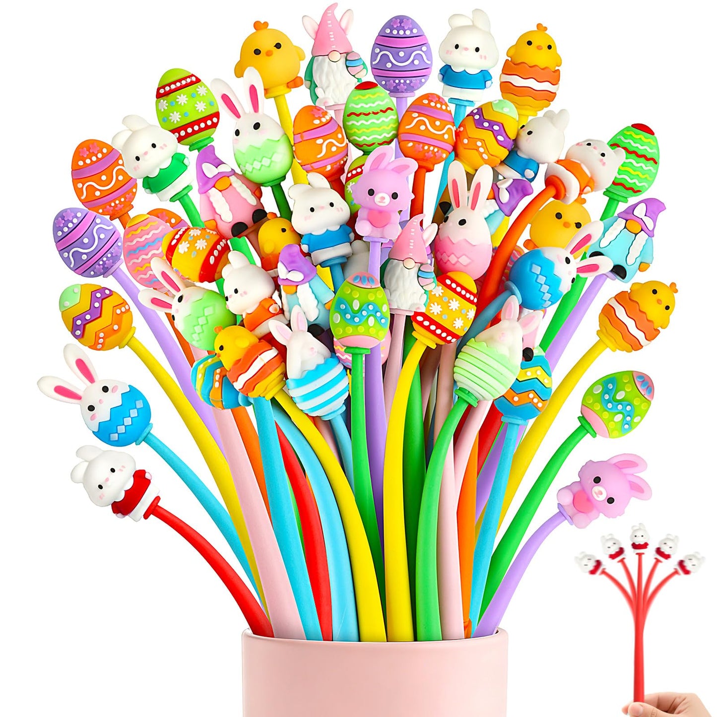 SANNIX 50 Pcs Easter Stress Relief Bobblehead Pens Easter Eggs Bunny Chicken Gnome Shape Pen Fun