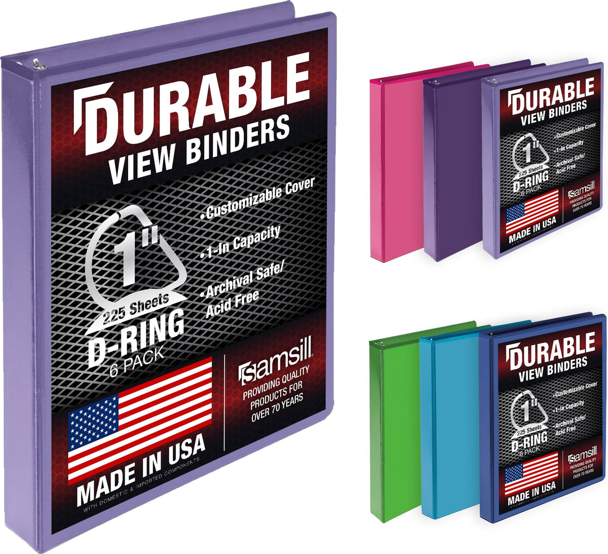 Samsill Durable 1 inch 3 Ring Binder, D Ring Binder, 100% Recycled Chipboard, Island Assortment, 6