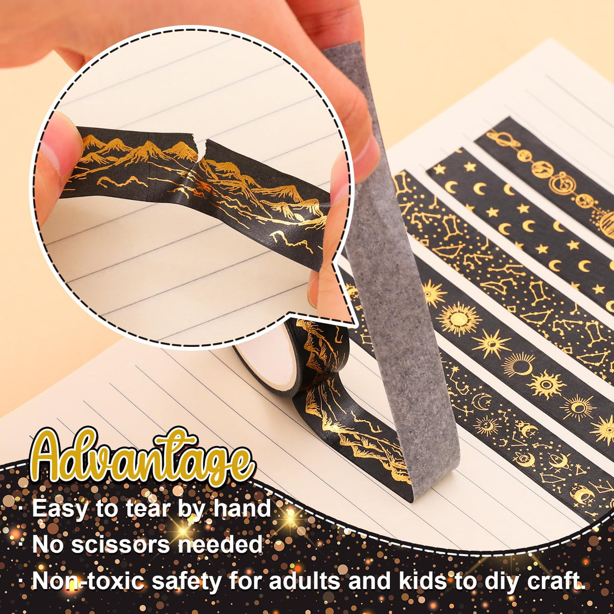 Whaline 12 Rolls Gold Foil Galaxy Washi Tape Black Gold Sun Moon Star Masking Tape Set Decorative