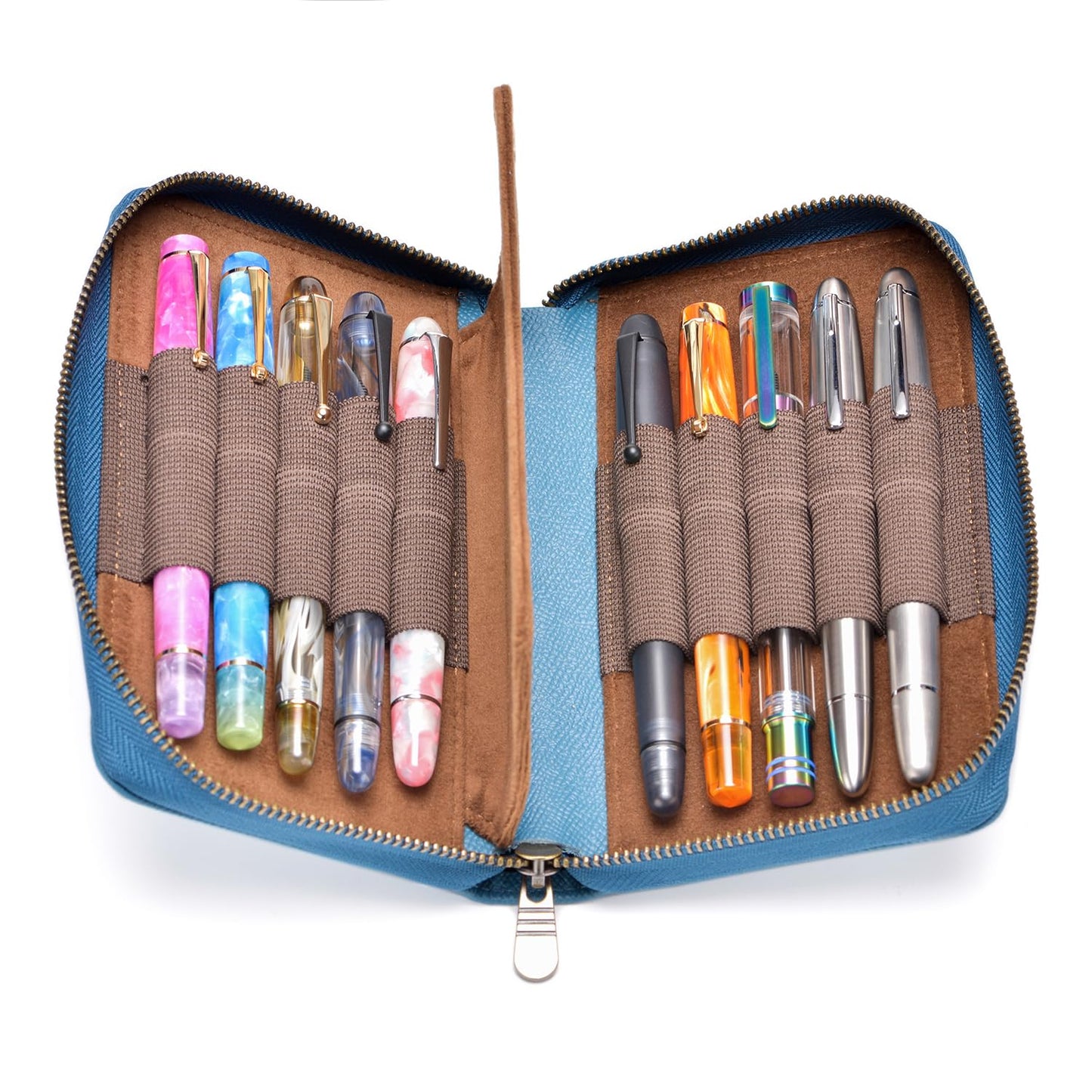 Asvine Fountain Pen Case Genuine Leather Pen Case 10 Divided Slots Blue, Rollerball Pen Holder