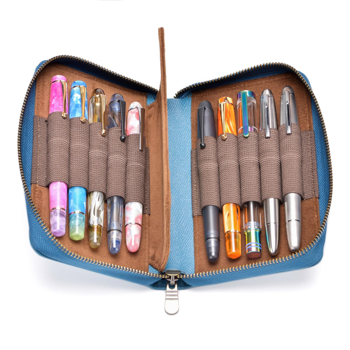Asvine Fountain Pen Case Genuine Leather Pen Case 10 Divided Slots Blue, Rollerball Pen Holder