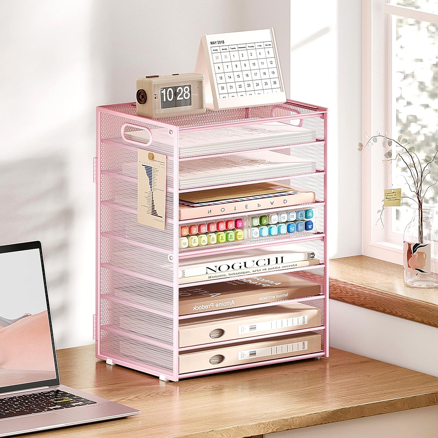 Subekyu 9 Tier Paper Letter File Tray Organizer for Desk, Pink Large Mesh Desk Folder Sorter