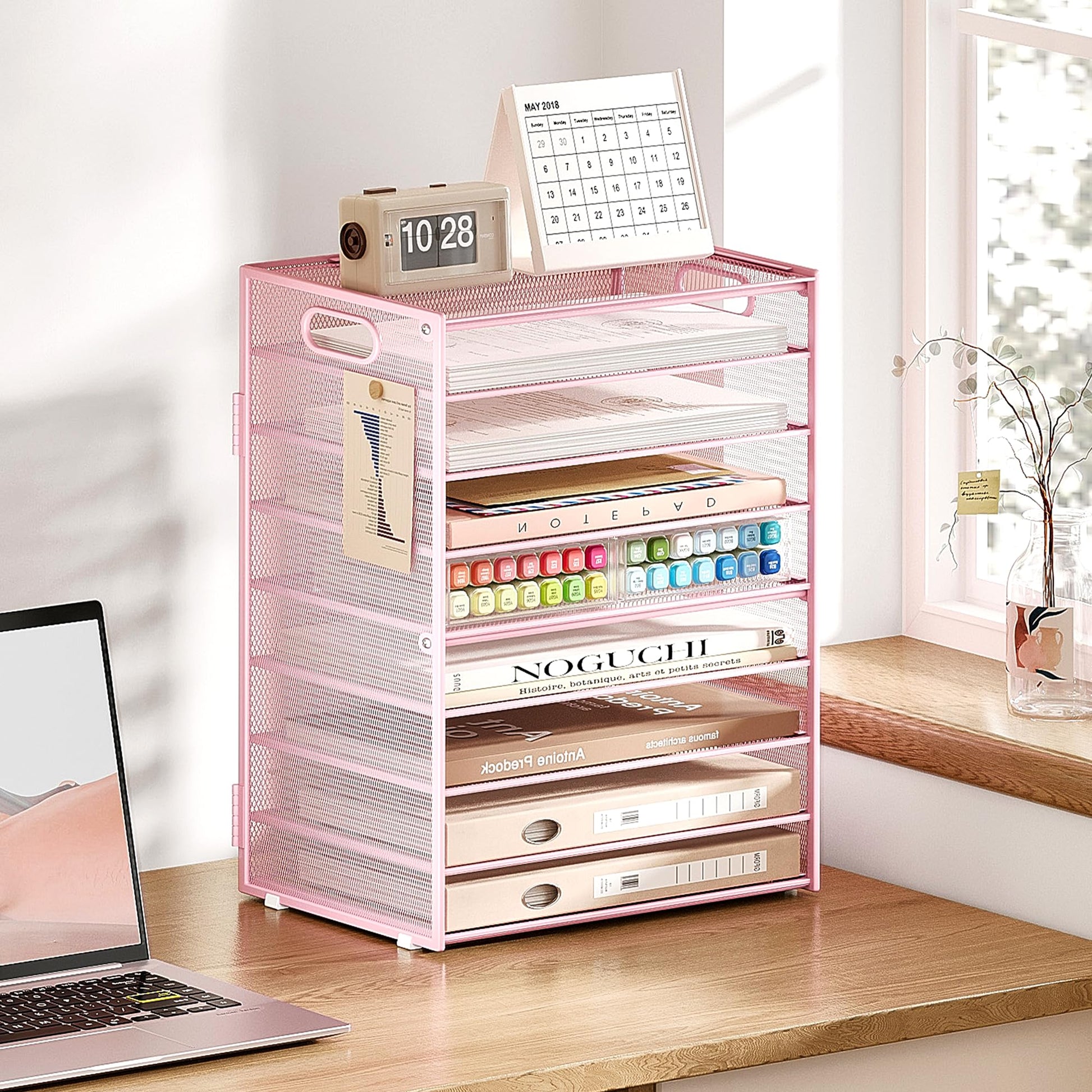 Subekyu 9 Tier Paper Letter File Tray Organizer for Desk, Pink Large Mesh Desk Folder Sorter