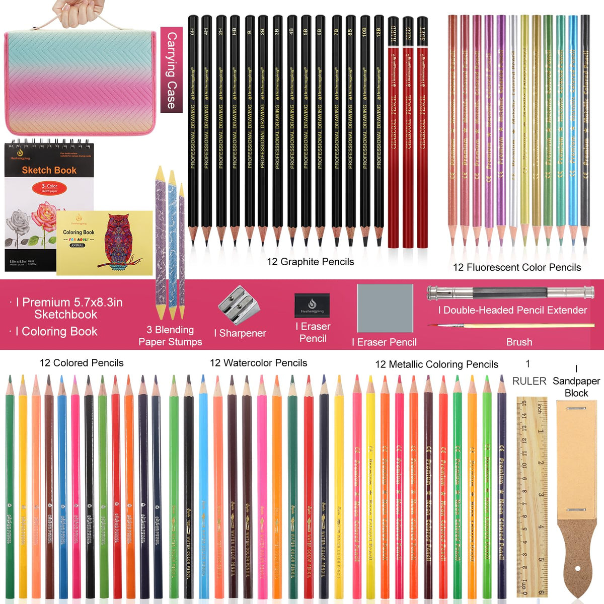 78pcs Drawing Kit Sketching Set Art Supplies with 3-Color Sketchbook Colorful Portable Case Colored