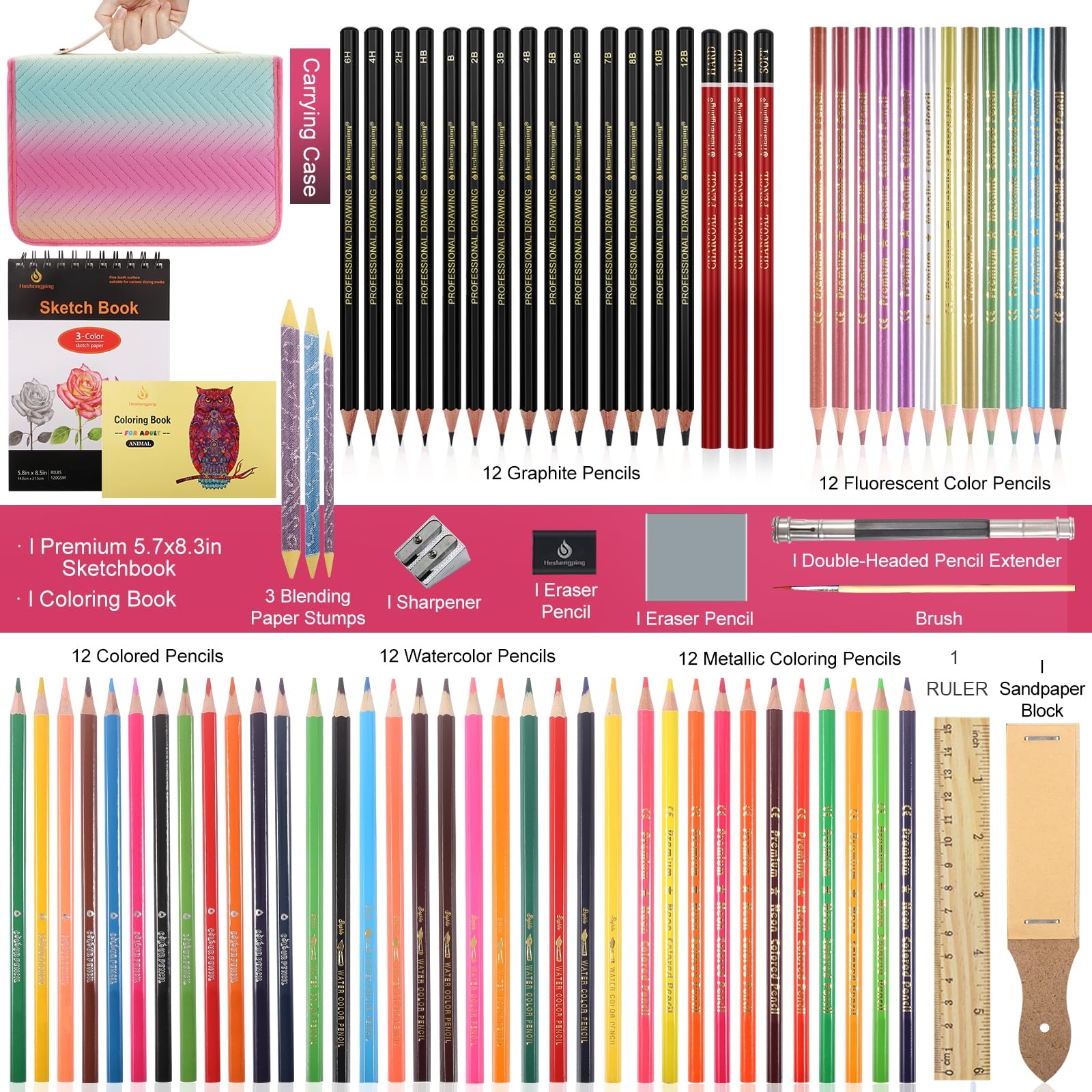 78pcs Drawing Kit Sketching Set Art Supplies with 3-Color Sketchbook Colorful Portable Case Colored