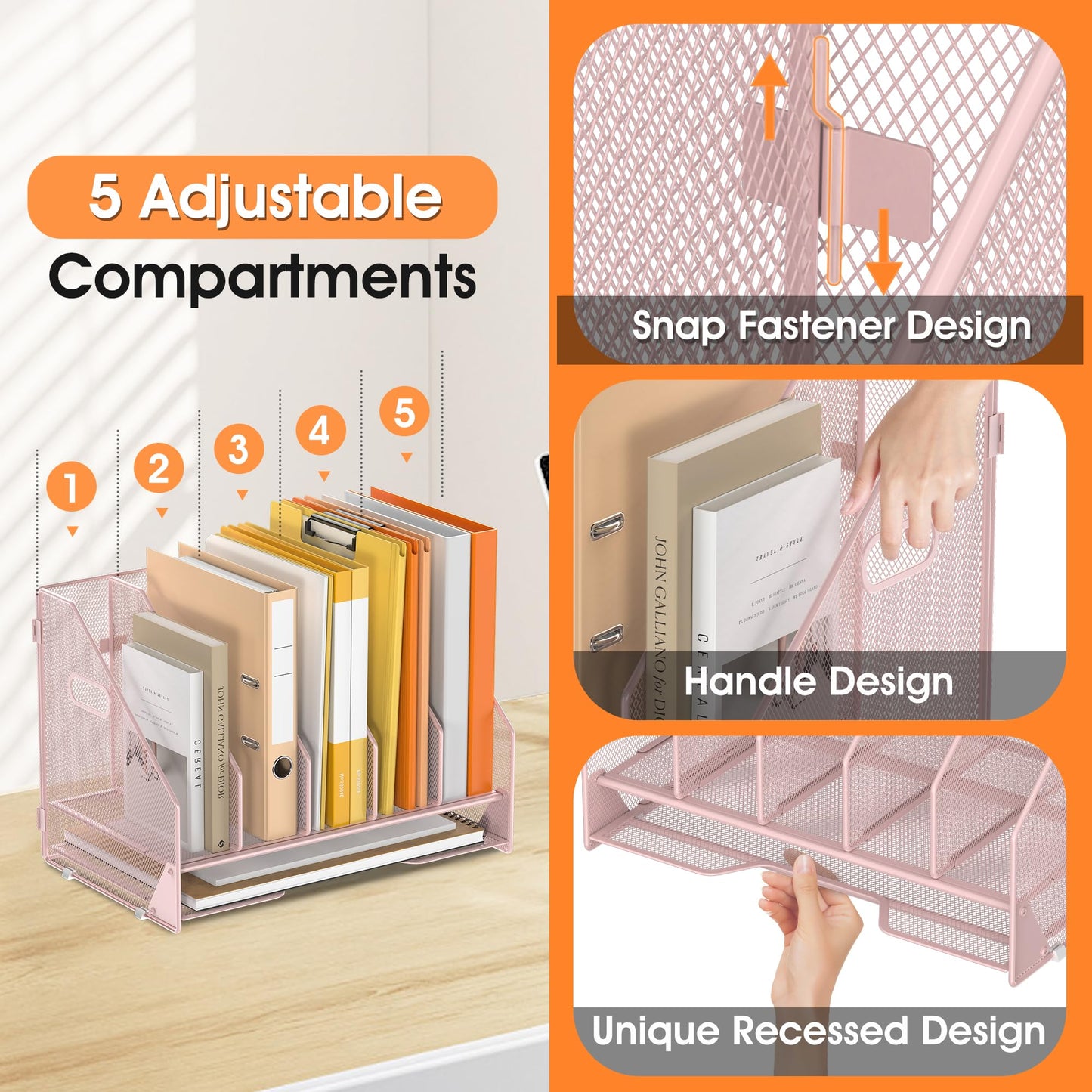OrgMate 5 Vertical Mesh Desk Organizer with Paper Letter Tray, Pink