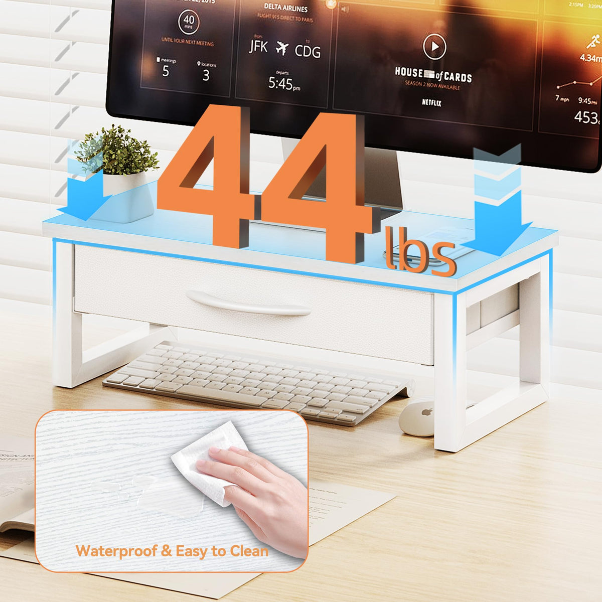 HEWORLIF Desk Organizers and Accessories, Computer Monitor Stand Riser with Drawer, White Laptop