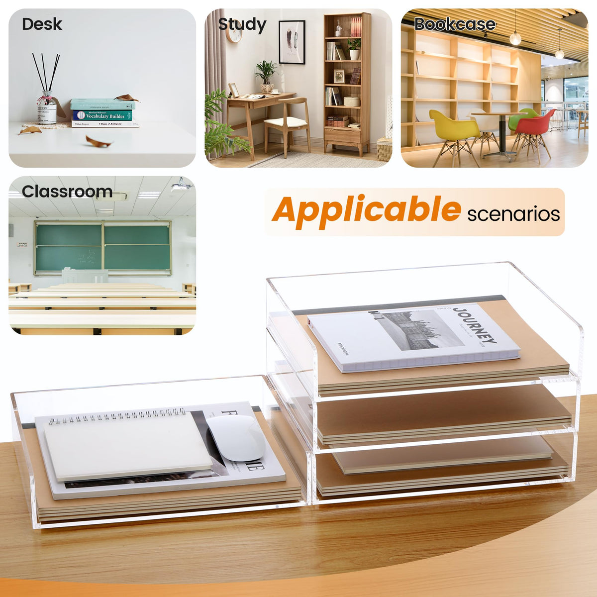 Acrylic Paper Tray, 4 Tier Paper Organizer for Desk, Clear Acrylic Desk Organizers, Stackable