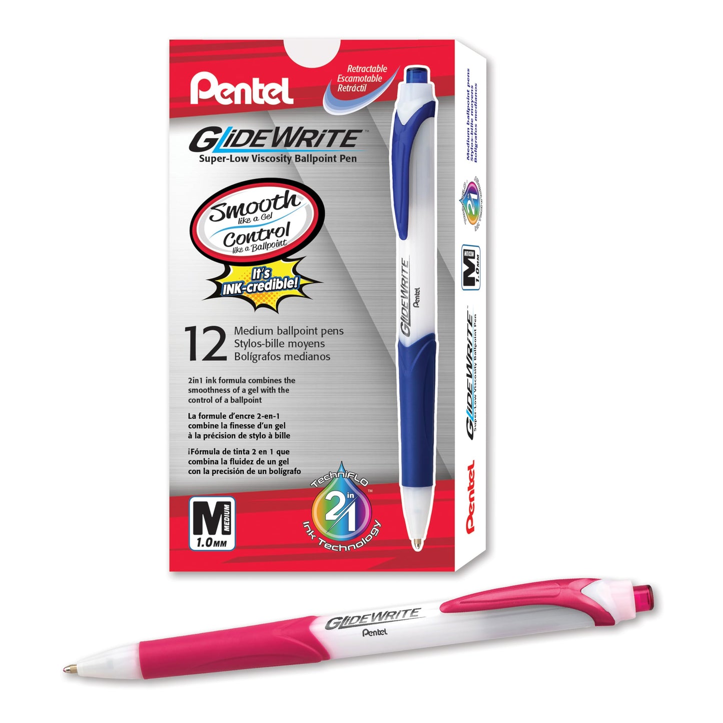 Pentel GlideWrite Ballpoint Pen with TechniFlo Ink, (1.0mm) Medium Line, Pink, Box of 12 (BX910-P)