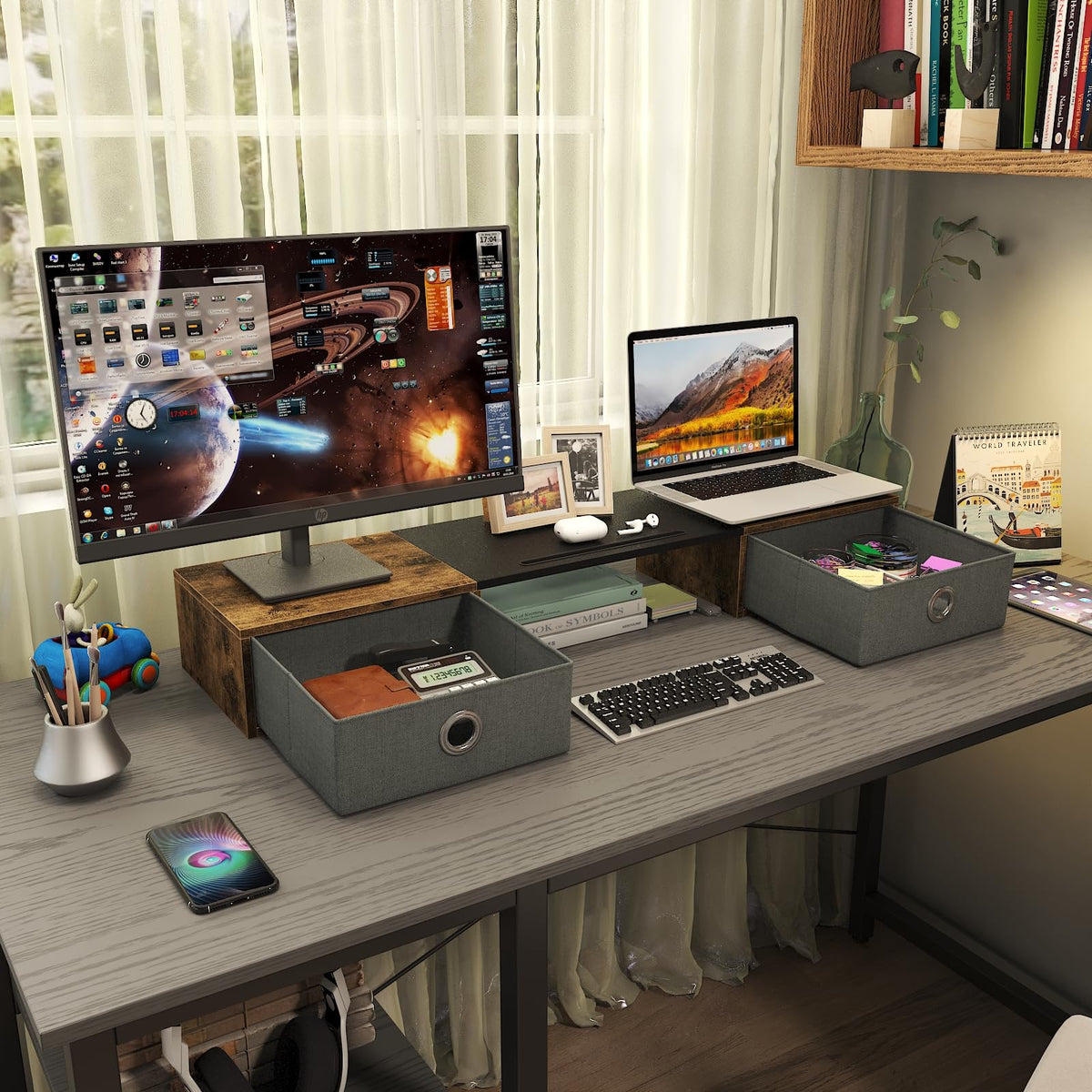 WESTREE Dual Monitor Stand Riser with Two Drawers, Extra Large Storage Monitor Stand for 2