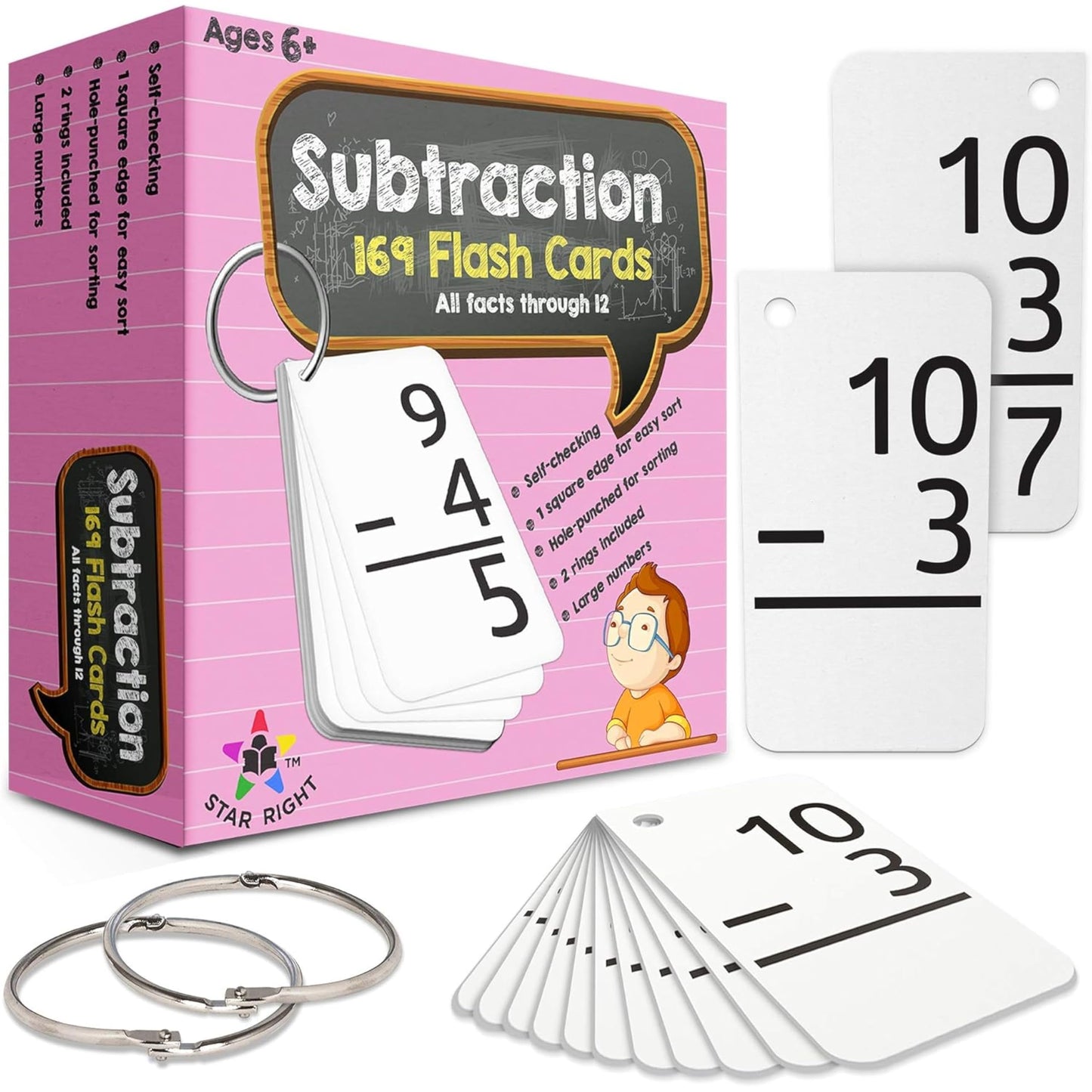 Star Right Subtraction Flash Cards - 169 Math Flash Cards with 2 Binder Rings - Kids Ages 6 and Up