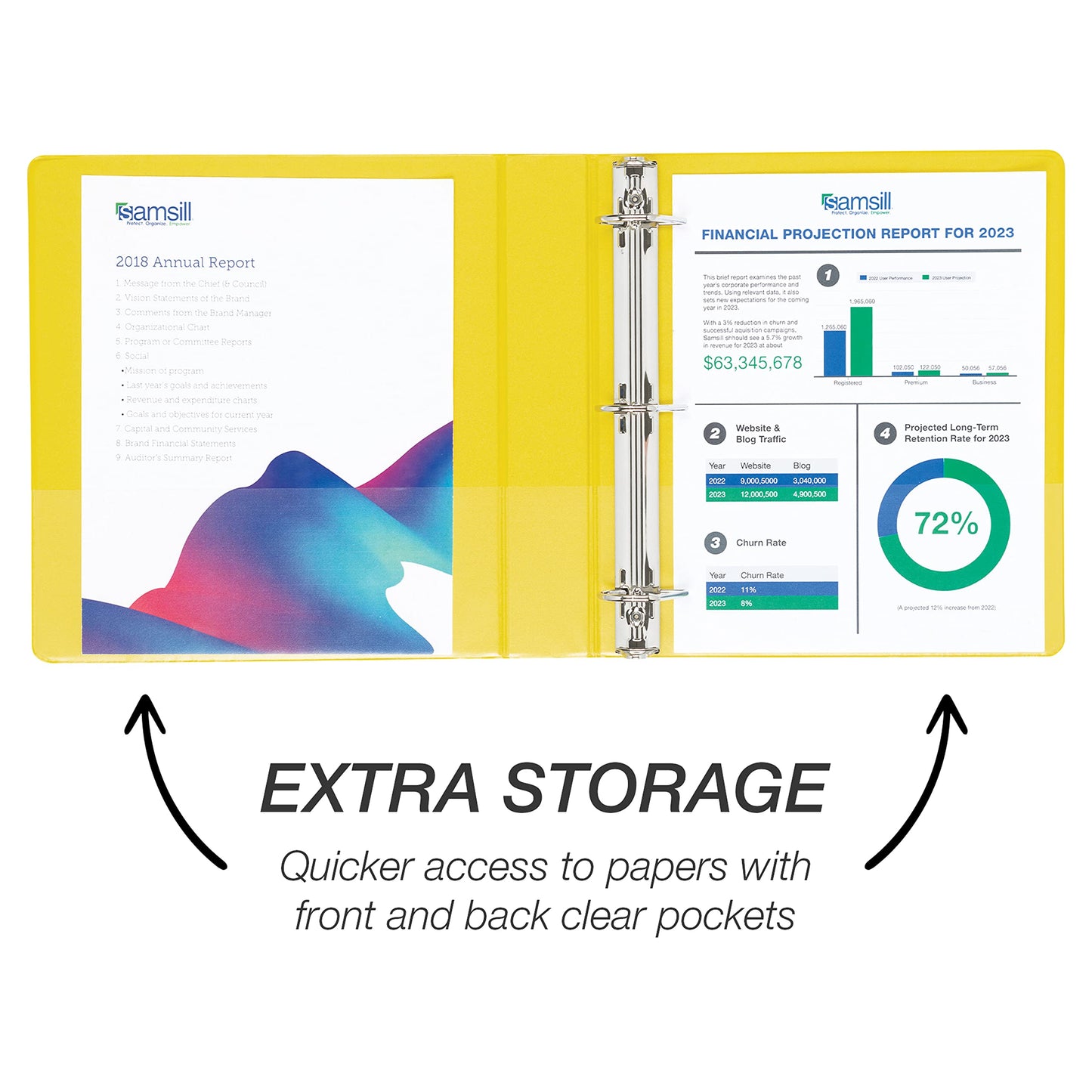Samsill Durable 1.5 inch 3 Ring Binder, D Ring Binder, 100% Recycled Chipboard, Yellow, 4 Pack