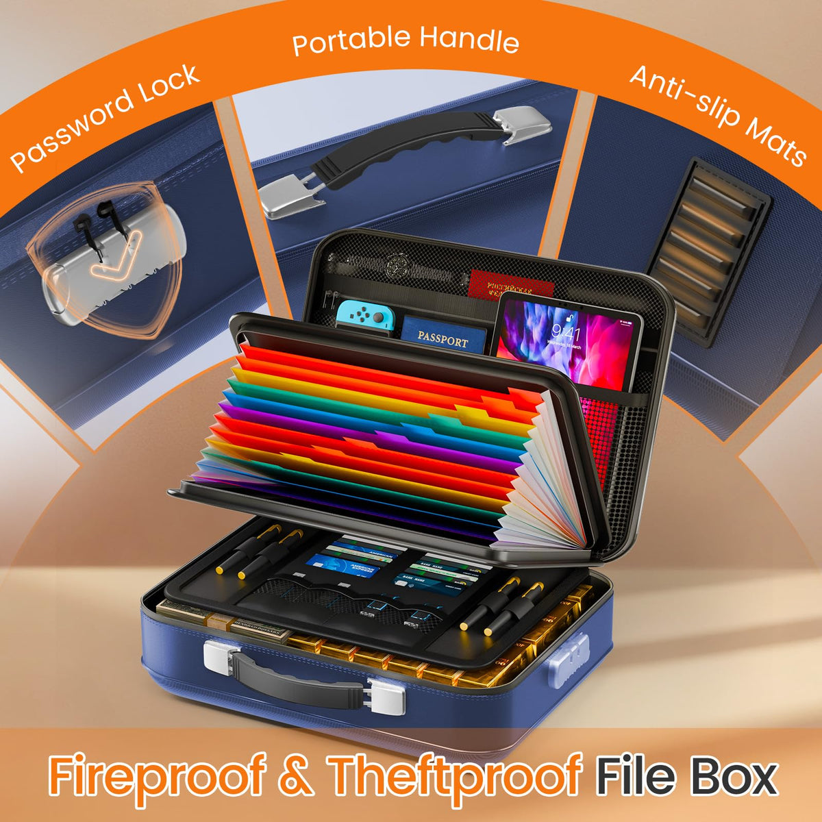 Fireproof Document Box with Lock, 5200°F Fireproof Water Resistant Hard Case File Organizer Safe