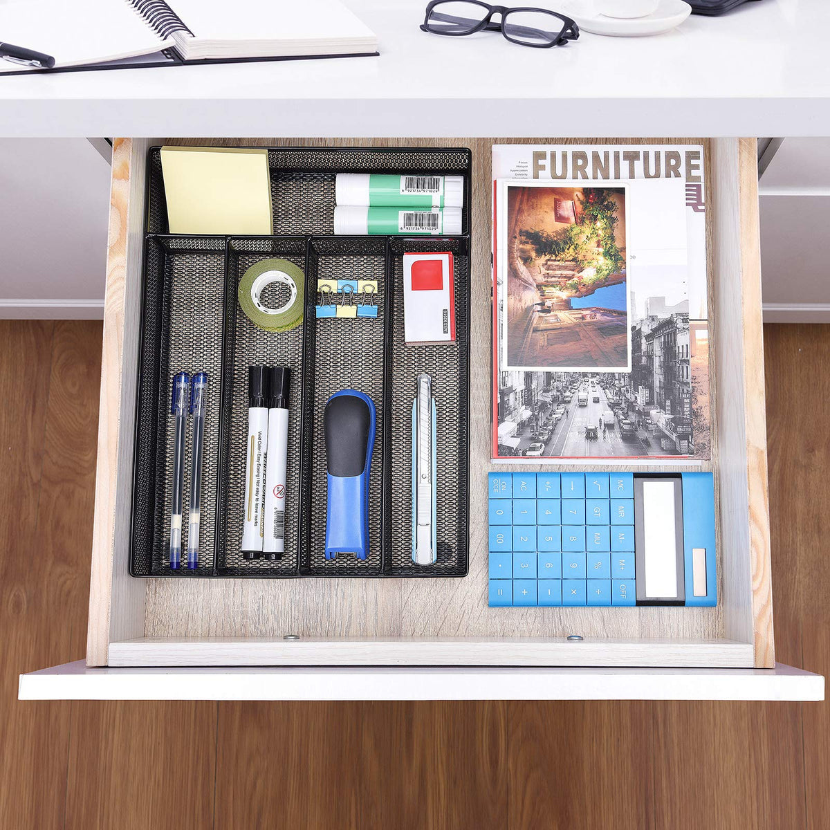 WuGeShop Office Desk Drawer Organizer, 5 Compartments Mesh Drawer Organizer Tray for Storage Art