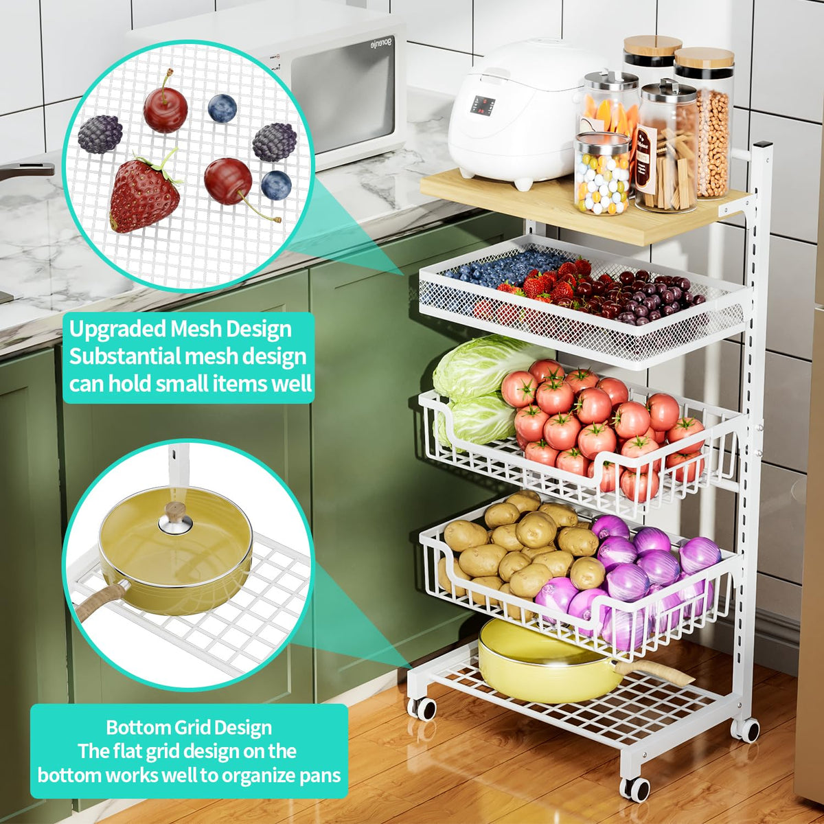 HapiRm Fruit Basket Kitchen Cart - 5 Tier Adjustable Vegetable Storage Rack, Large Capacity Rolling