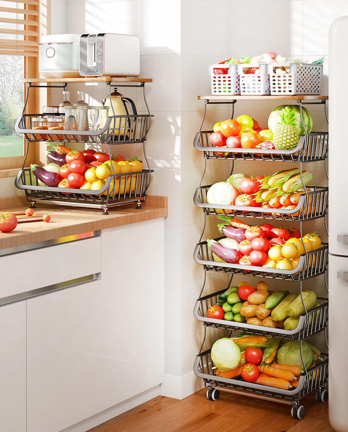 MURRI&MURRDI Fruit Vegetable Storage Basket with Wooden Lid, 6 Tier Stackable Wire Kitchen Cart