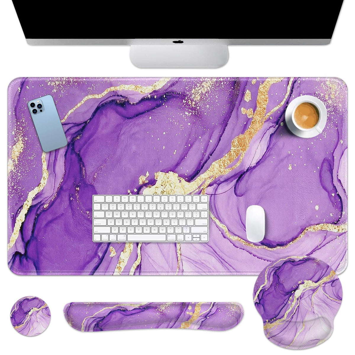 Arttown Keyboard Mouse Pad Set, 4 in 1 Desk Mat Set Marble Abstract Purple