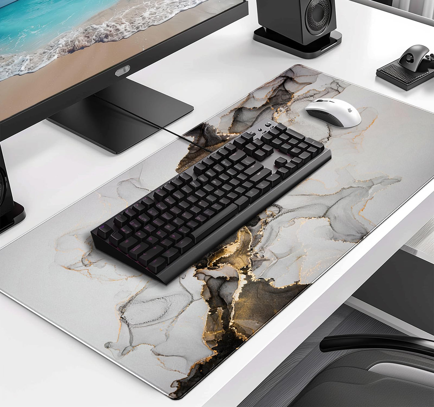 Large Expanded Marble Patterned Mouse Pad, Non Slip Rubber Keyboard Pad