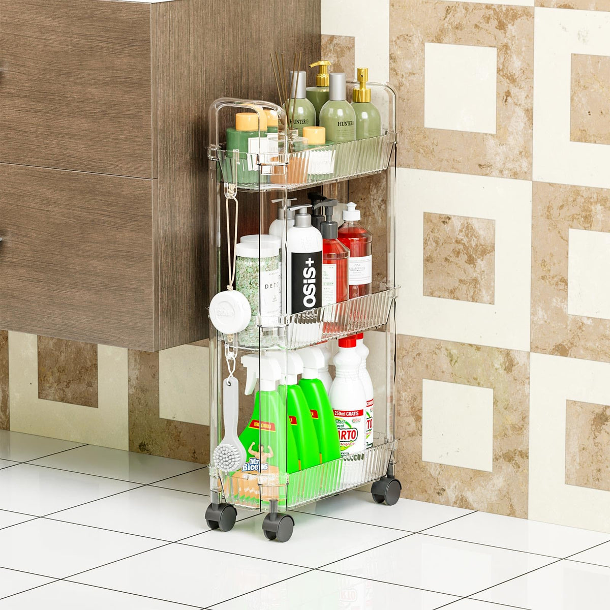 3 Tier Slim Rolling Storage Cart with Wheels for Small Space,Clear Modern Design Slim Utility Cart