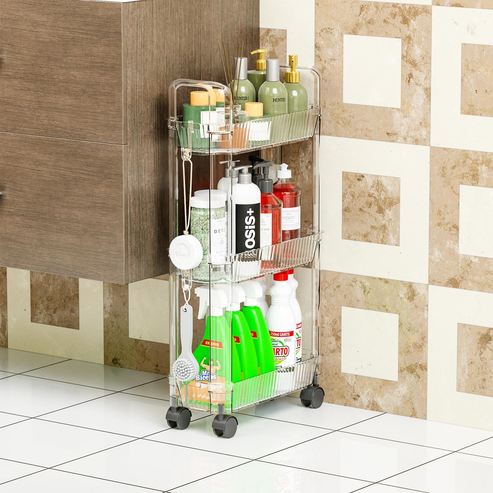 3 Tier Slim Rolling Storage Cart with Wheels for Small Space,Clear Modern Design Slim Utility Cart